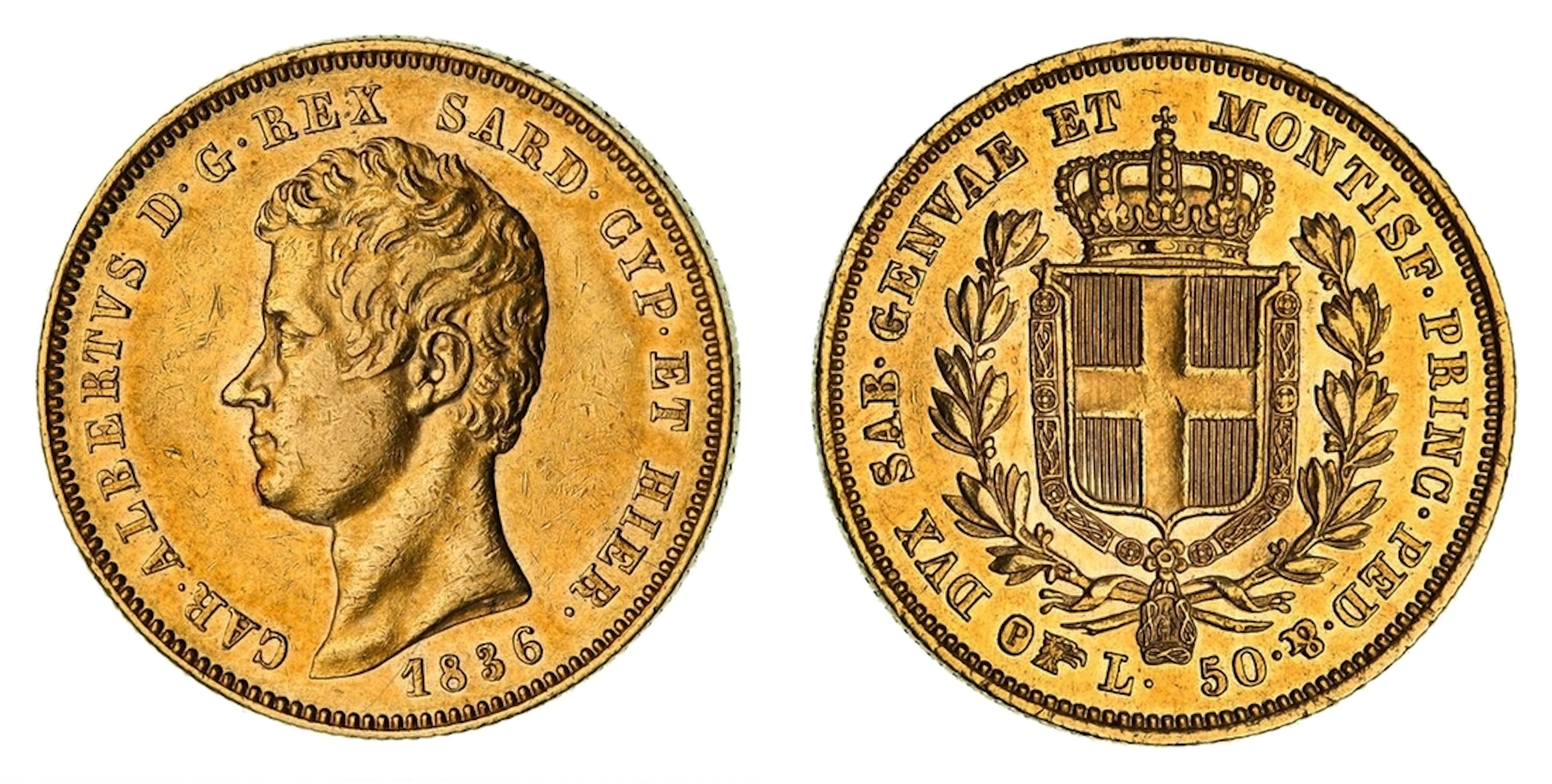 Italy, Sardinia, Carlo Alberto (1831-1849), Gold 50-Lire, 1836 P