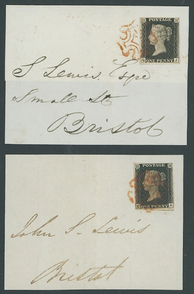 Great Britain 1840 One Penny Black Plate 9 KA and QJ, clear to huge