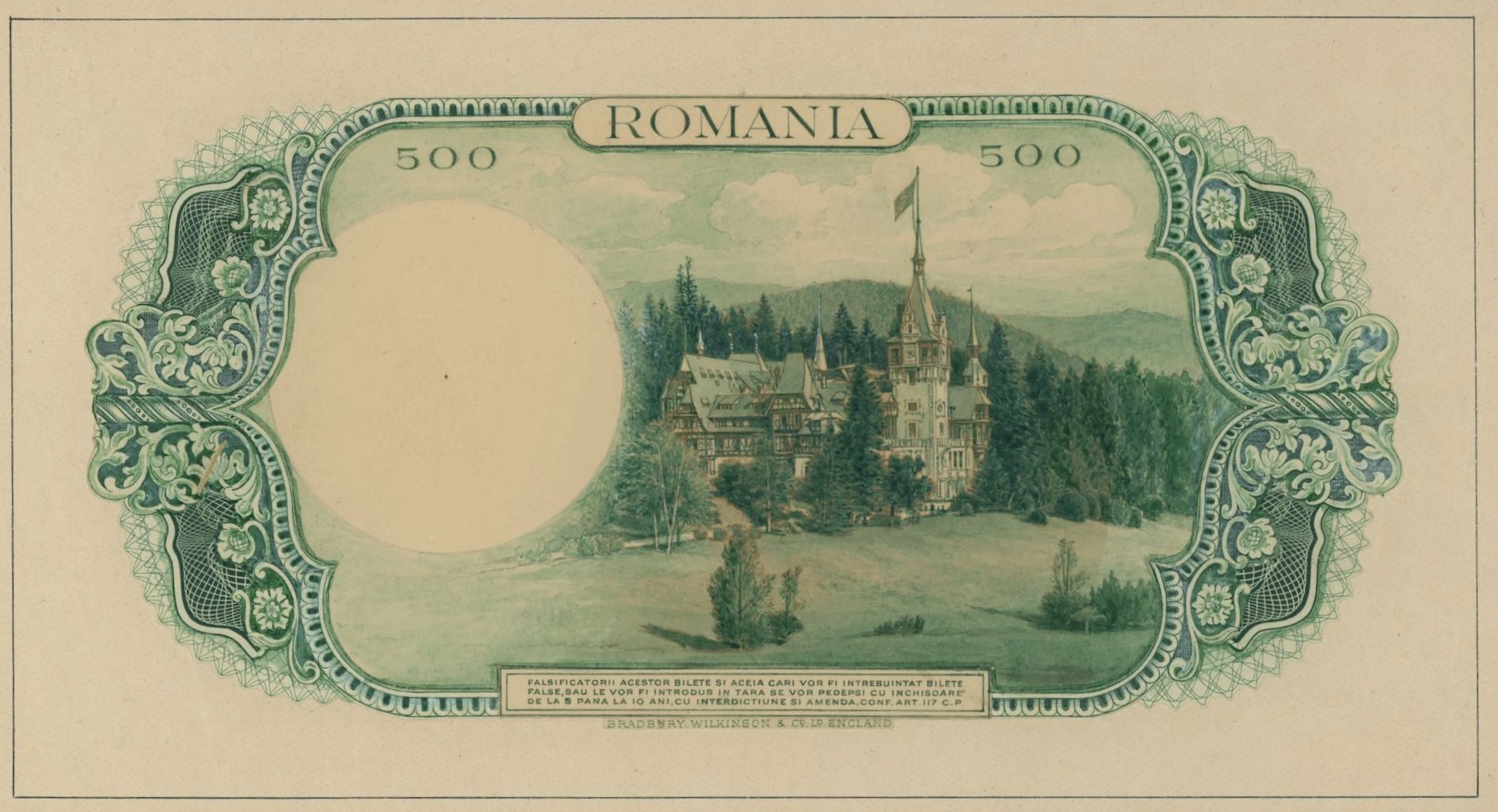 Banca Nationala, Romania, hand-executed back essay for 500 Lei, 1934