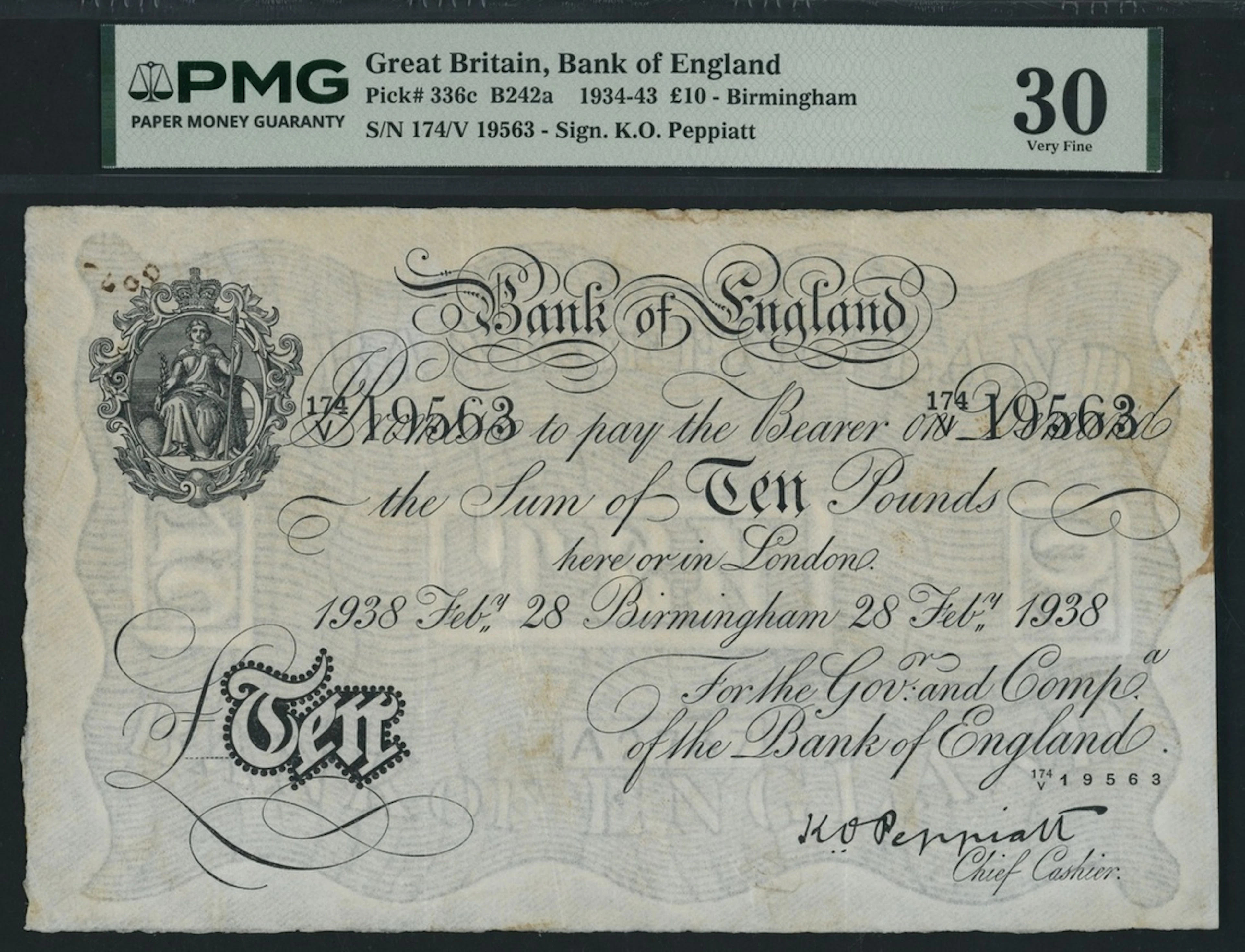 Bank of England, K. O. Peppiatt, £10, Birmingham, 28th February 1938