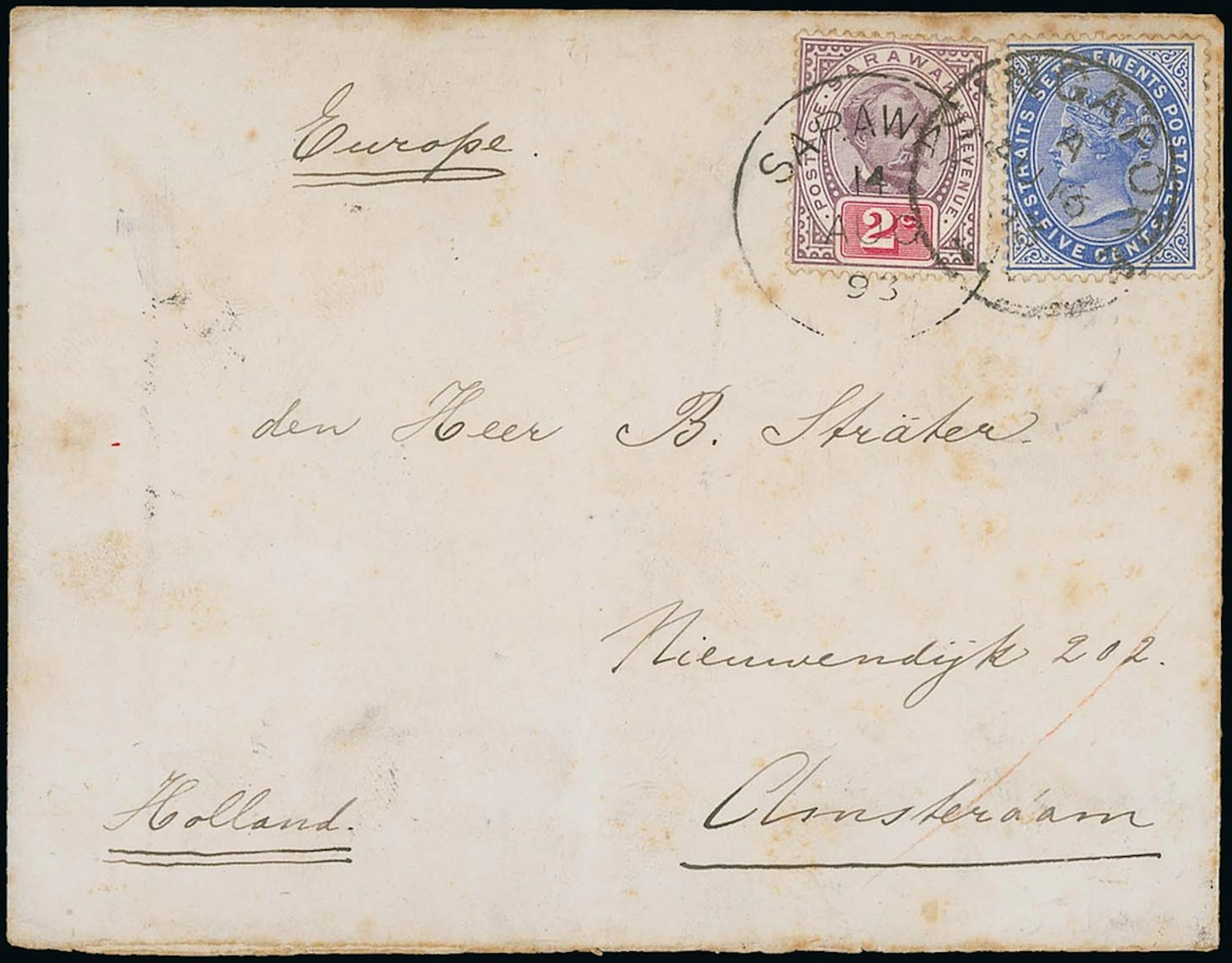 Sarawak 1888-97 "postage & revenue" Issue Combination Covers 1893