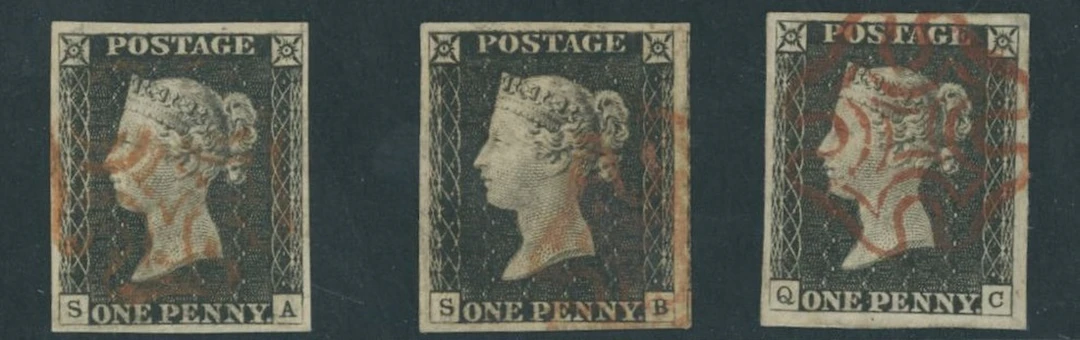 Great Britain 1840 One Penny Black Plate 2 SA, SB and QC, all with