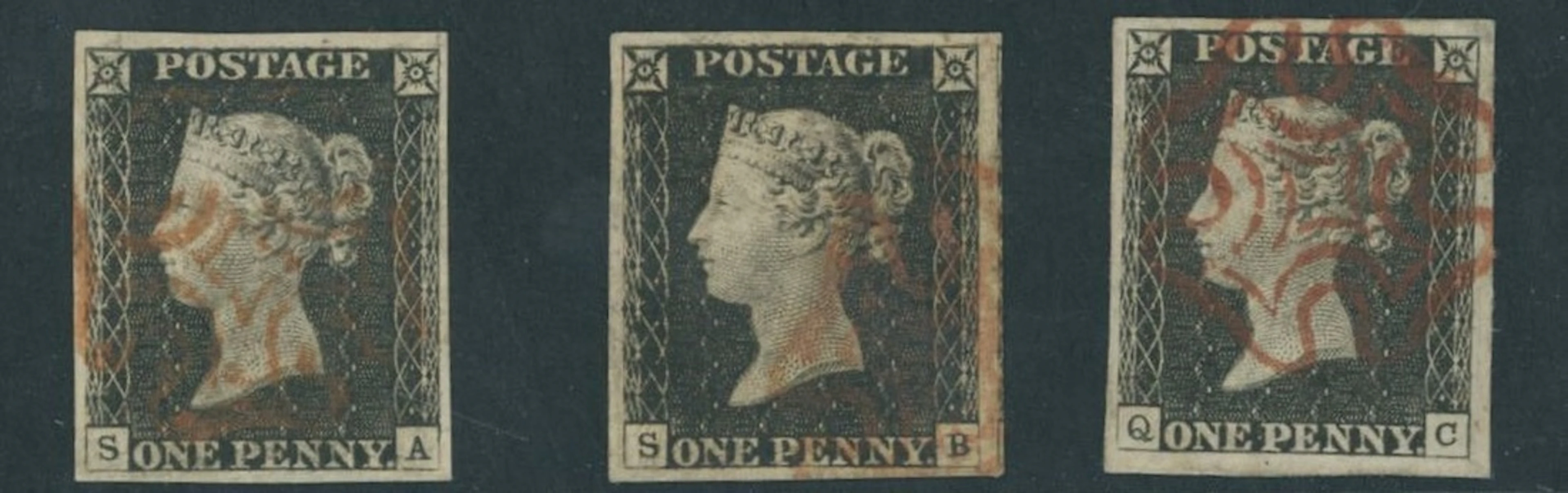 Great Britain 1840 One Penny Black Plate 2 SA, SB and QC, all with