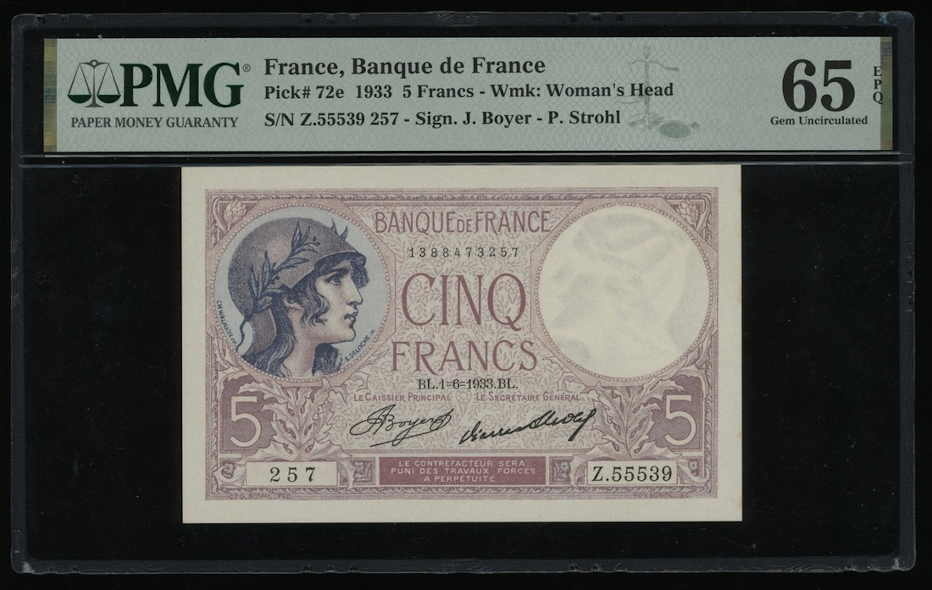 Banque de France, 5 francs, 1933, serial number Z.55539 257, (Pick 72e)