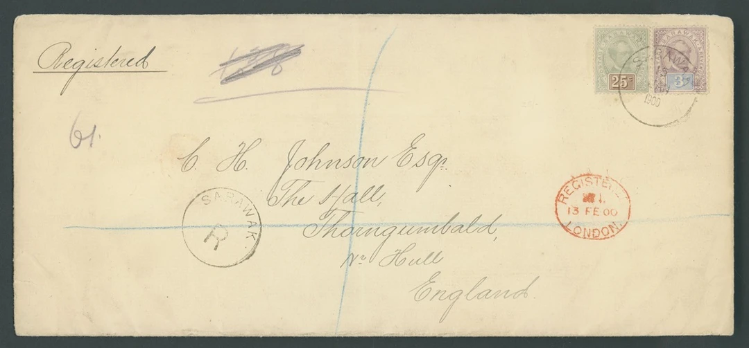 Sarawak 1888-97 "postage & revenue" Issue Covers 1900 (15 Jan.) envelope