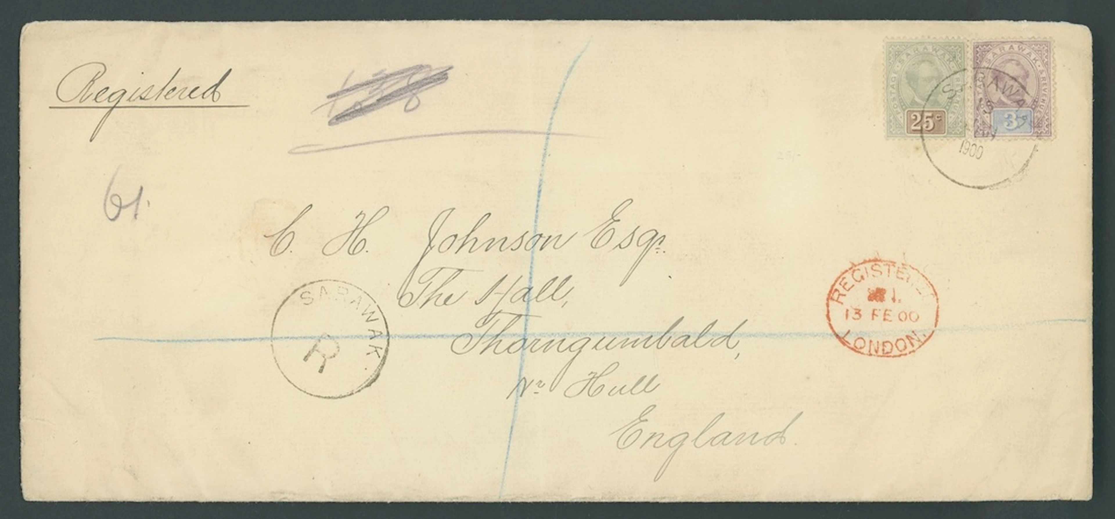 Sarawak 1888-97 "postage & revenue" Issue Covers 1900 (15 Jan.) envelope