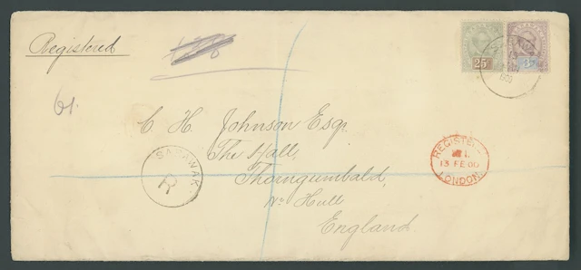 Sarawak 1888-97 "postage & revenue" Issue Covers 1900 (15 Jan.) envelope