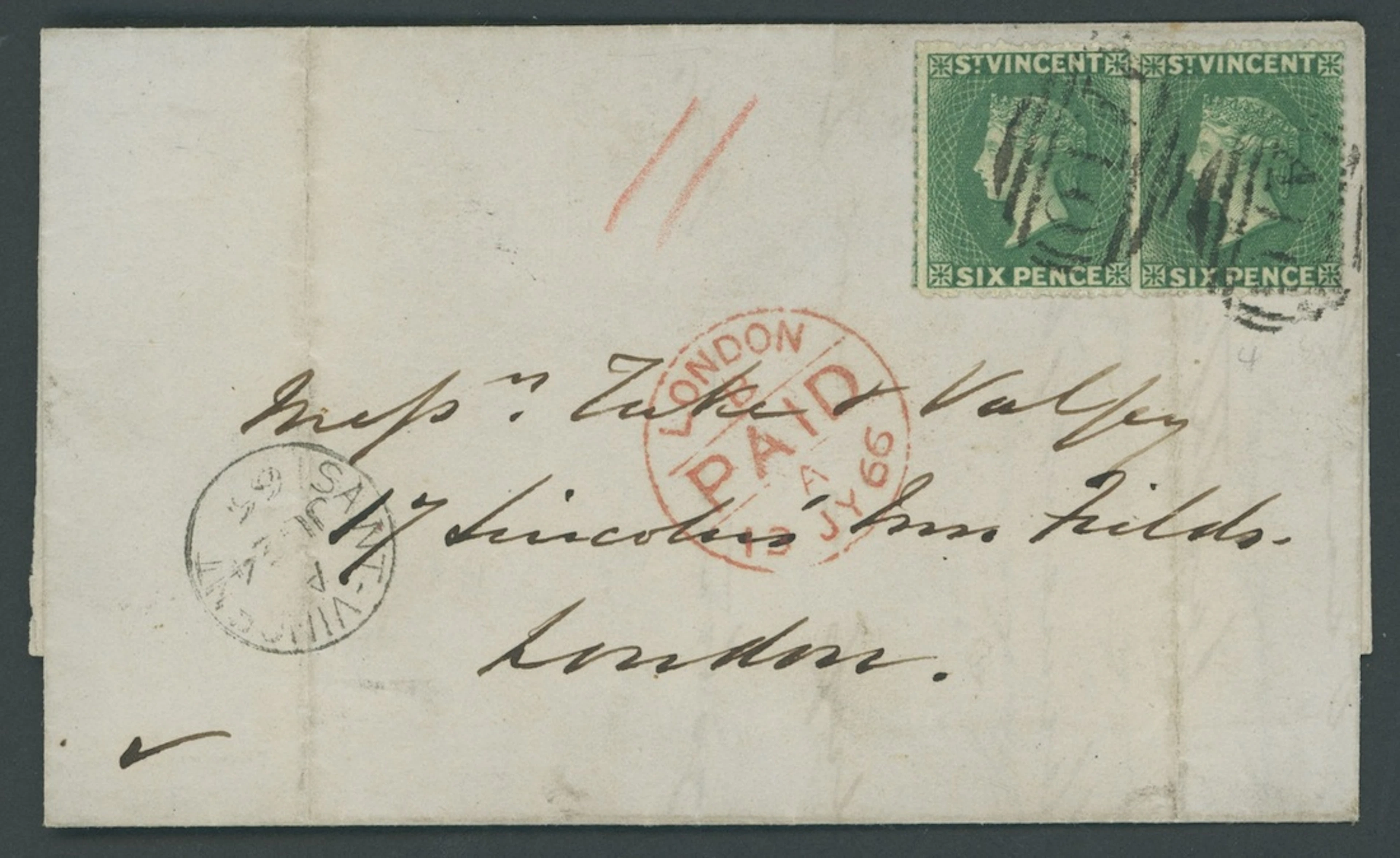 St. Vincent Covers and Cancellations 1866 (24 June) double rate entire