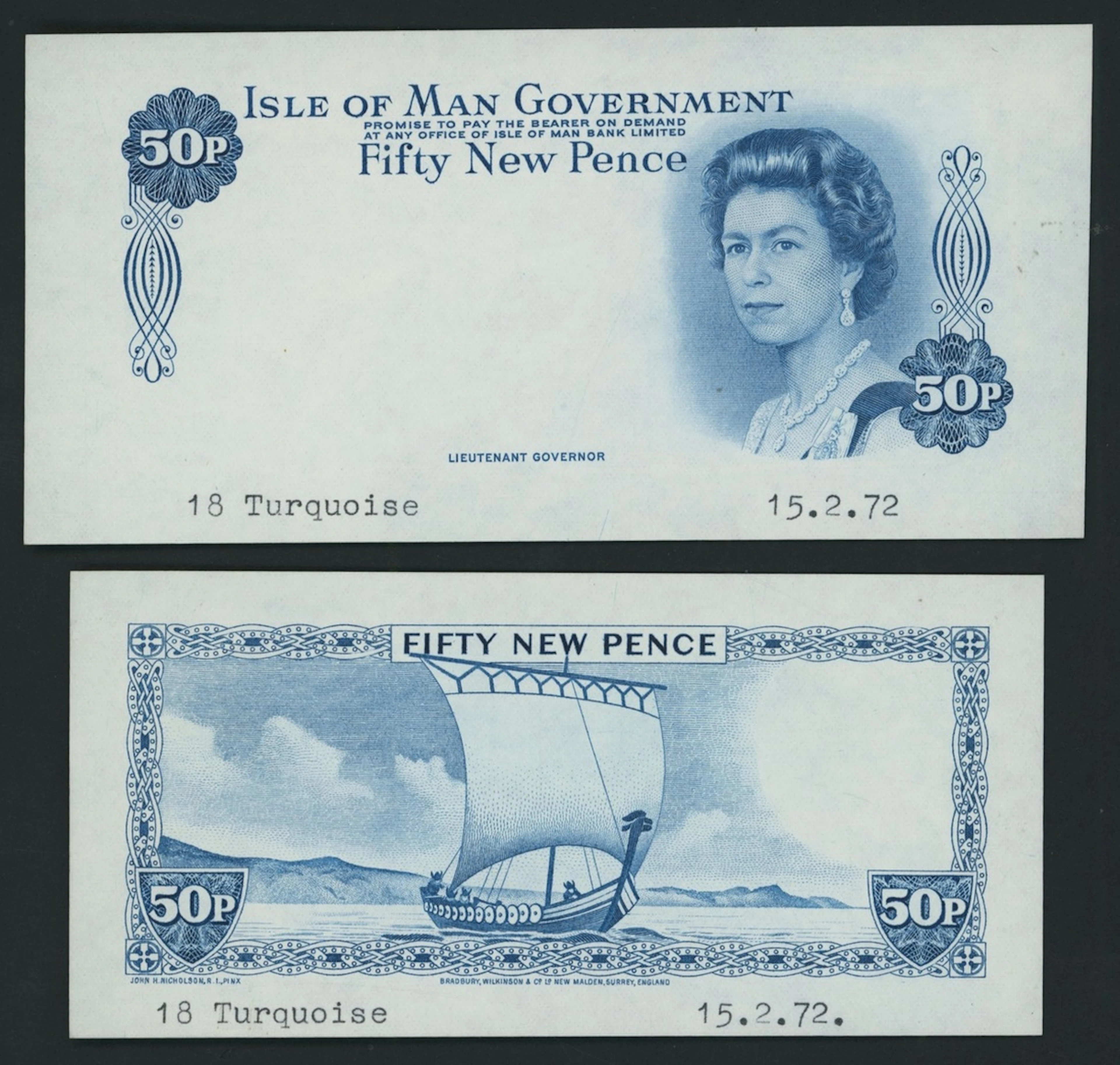 Isle of Man Government, [2 notes] front and back proofs for 50 New