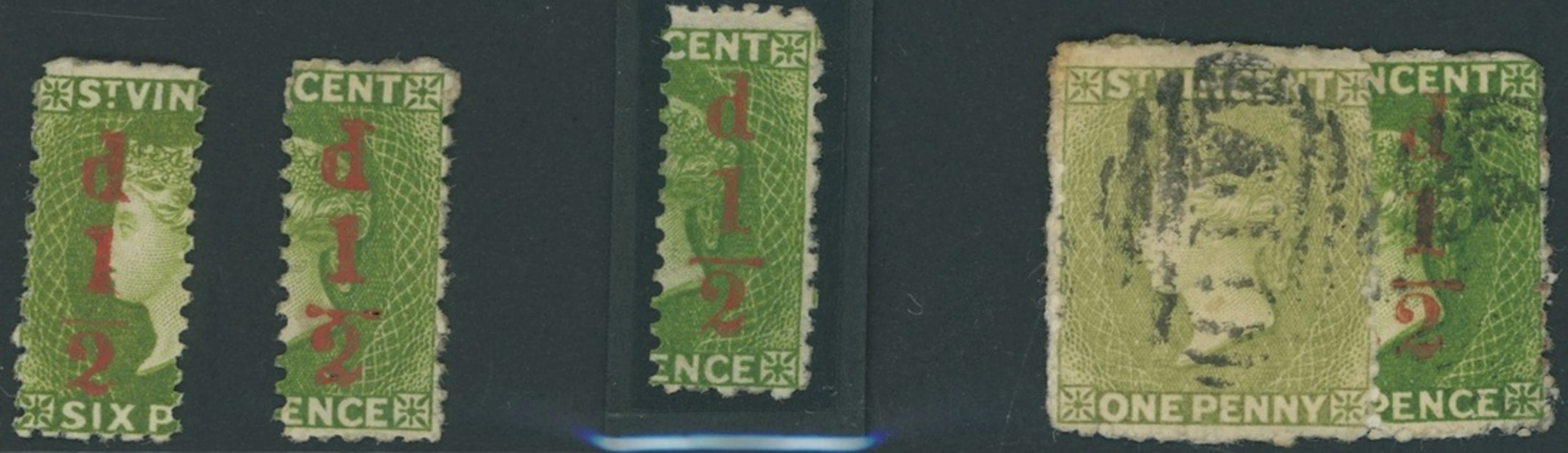 St. Vincent 1881 ½d. on half 6d. bright green, left and right (2