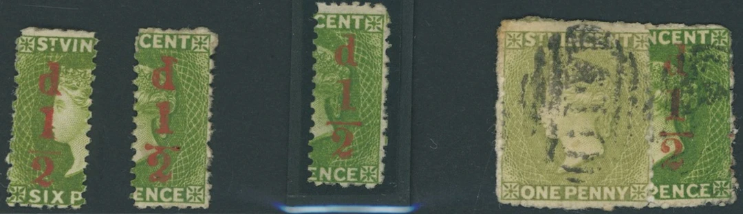St. Vincent 1881 ½d. on half 6d. bright green, left and right (2