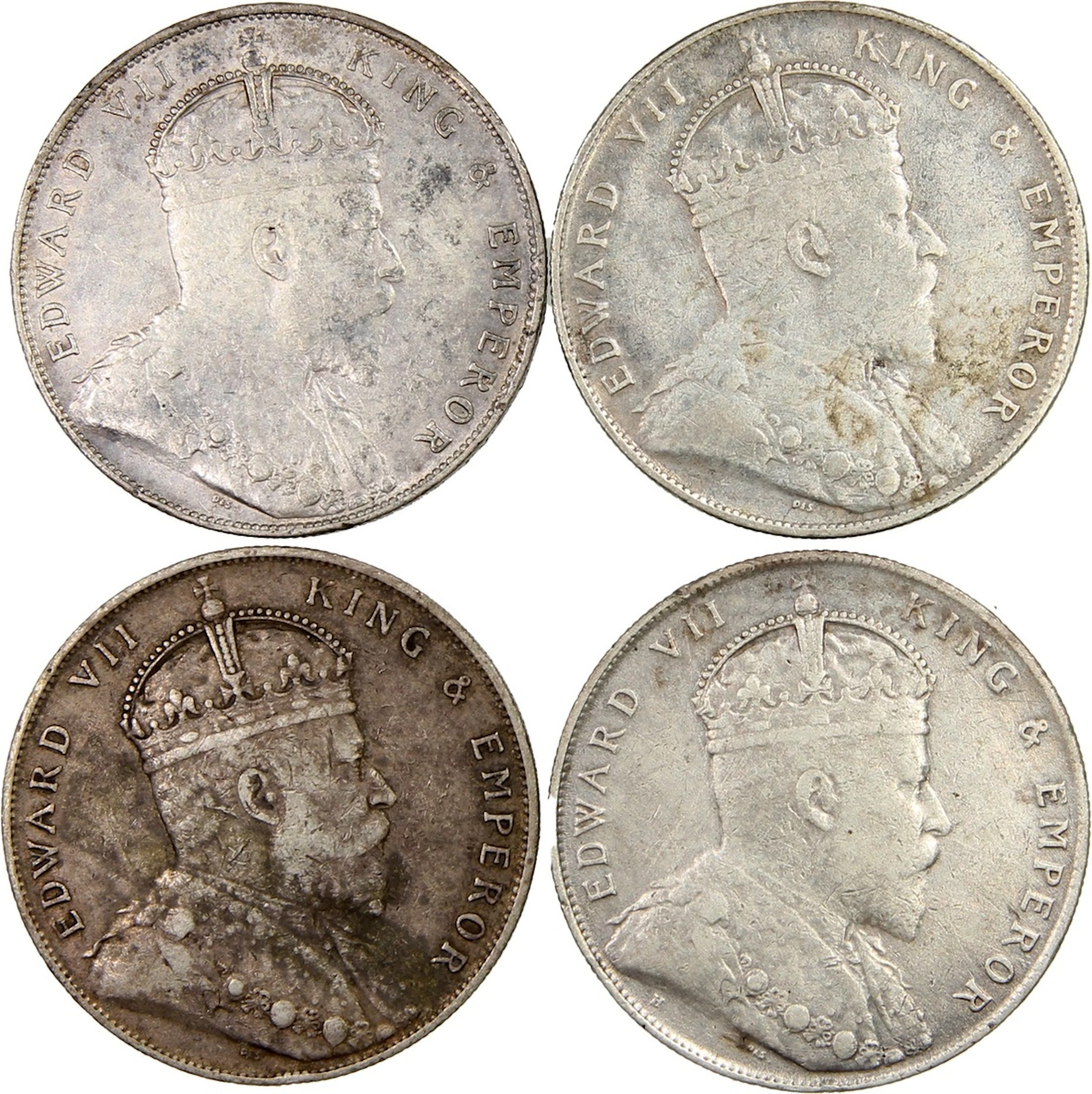 Straits Settlements, Edward VII, silver dollar (4), 1907, 1908 (2), 1909