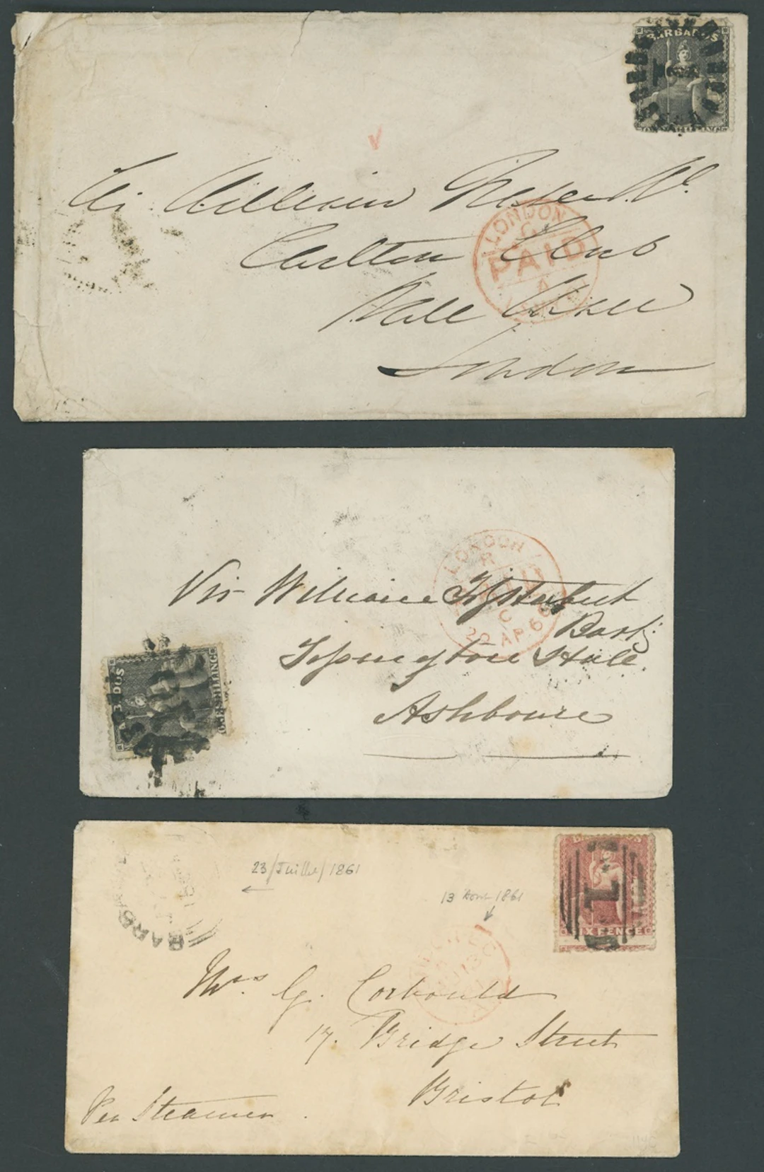 Barbados Britannia Issues Covers 1862 (23 July) envelope to Bristol
