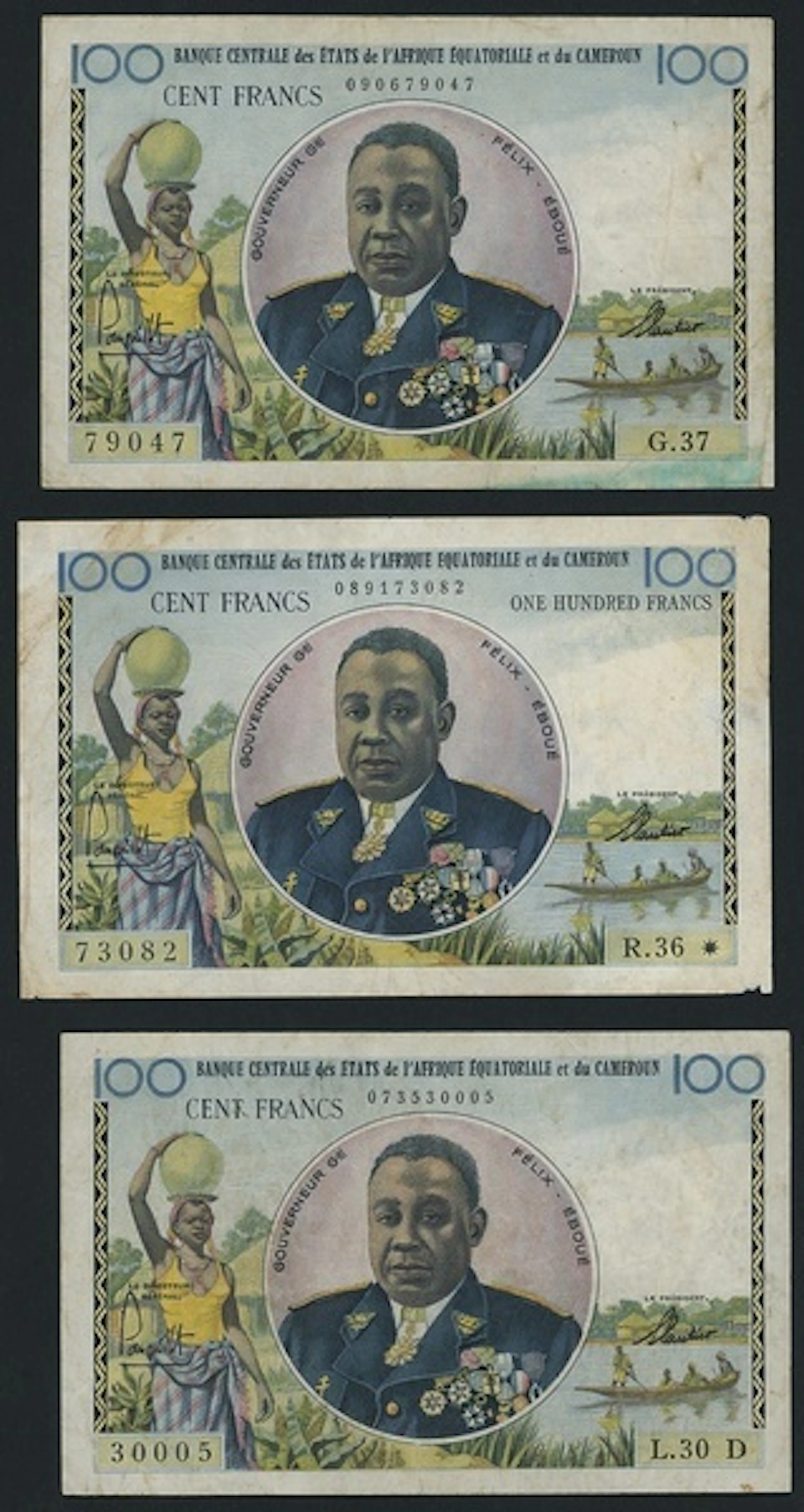 Equatorial African States, [3 notes] 100 Francs, ND (1961-62), (Pick