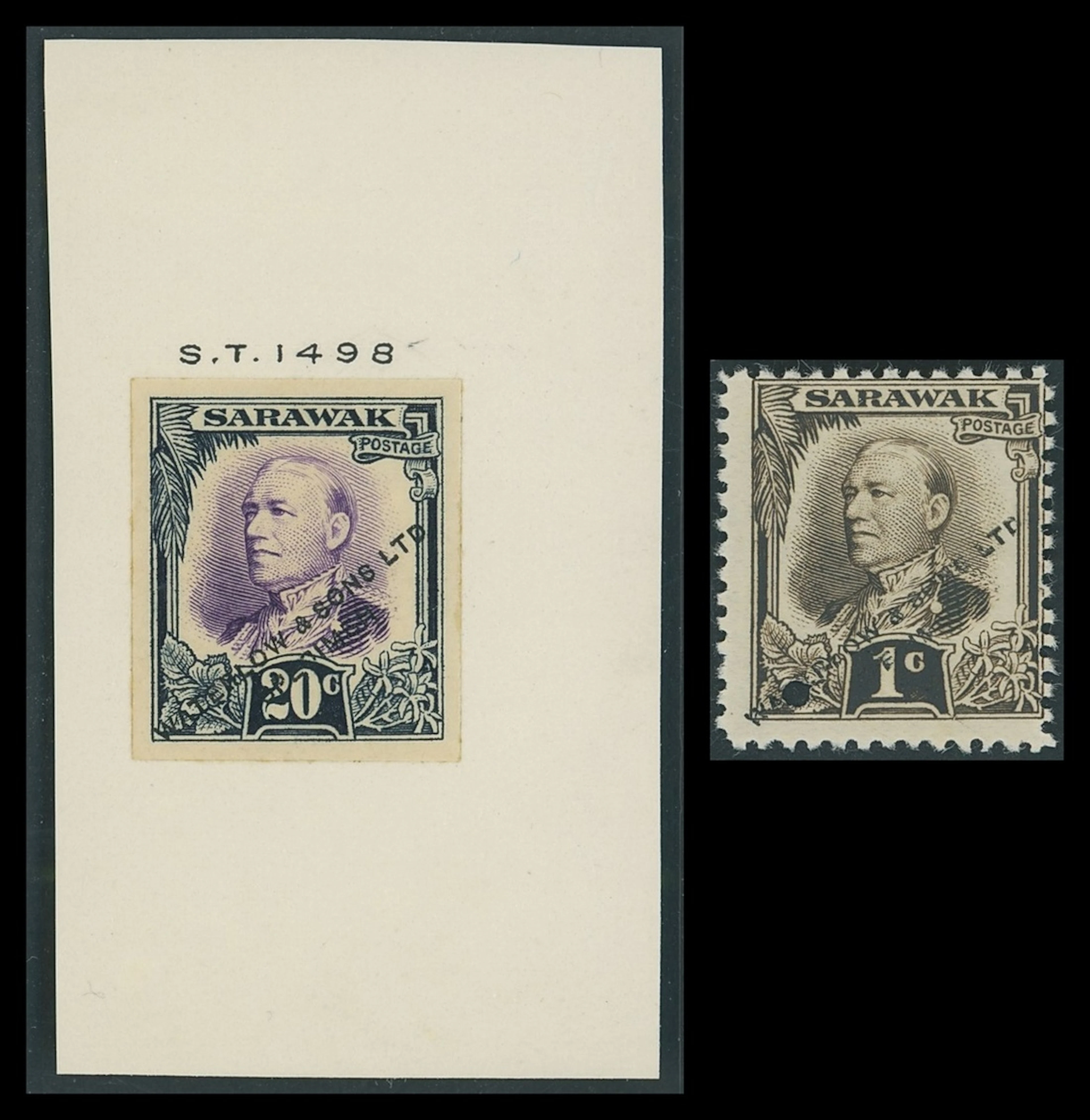 Sarawak 1932 Issue Waterlow Sample Stamps Imperforate 20c. in purple