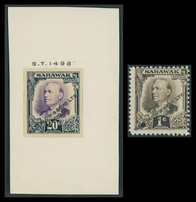 Sarawak 1932 Issue Waterlow Sample Stamps Imperforate 20c. in purple