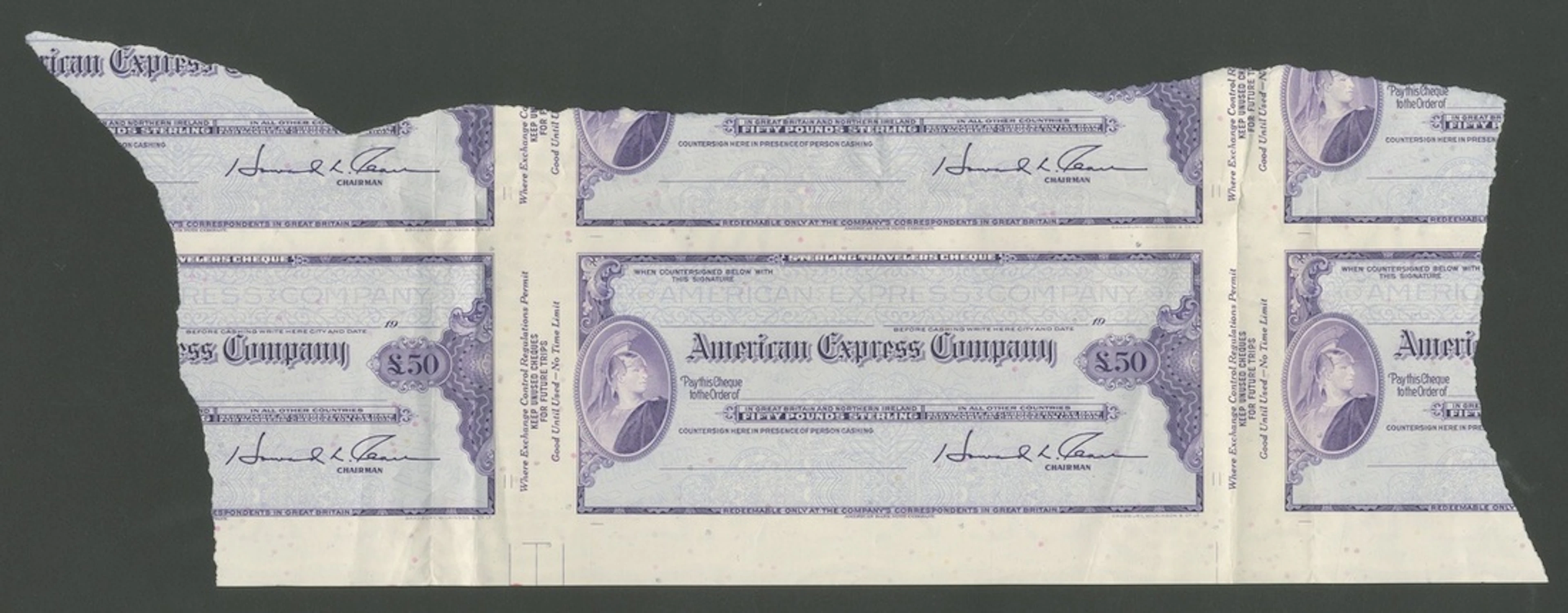 American Express Company, cheque proof for £50, from uncut sheet with