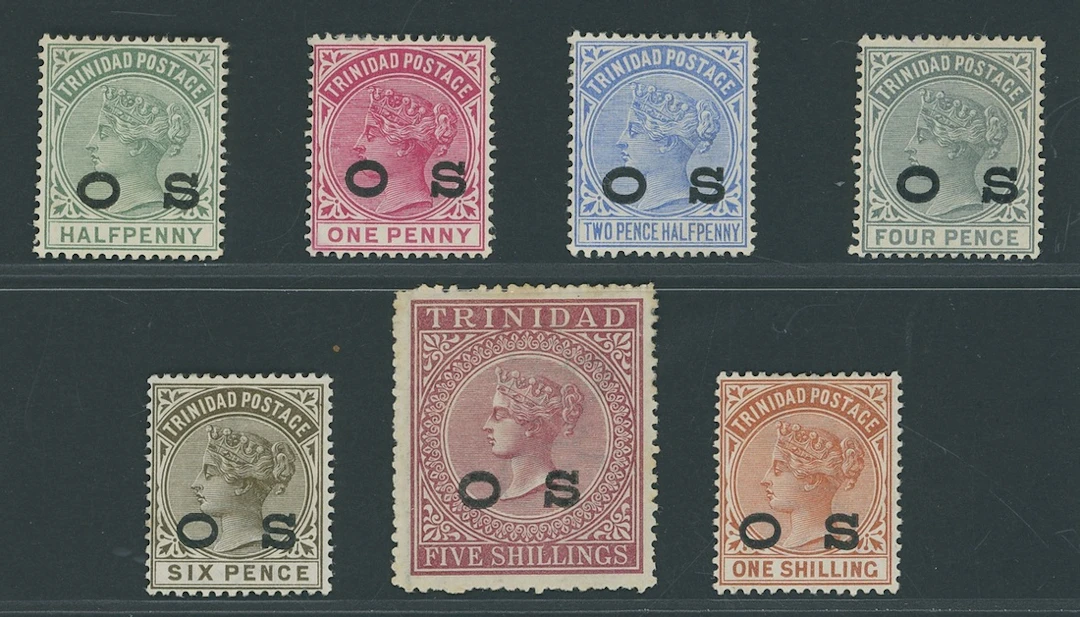 Trinidad Official Stamps 1894 ½d. to 5/- set of seven, fine mint.