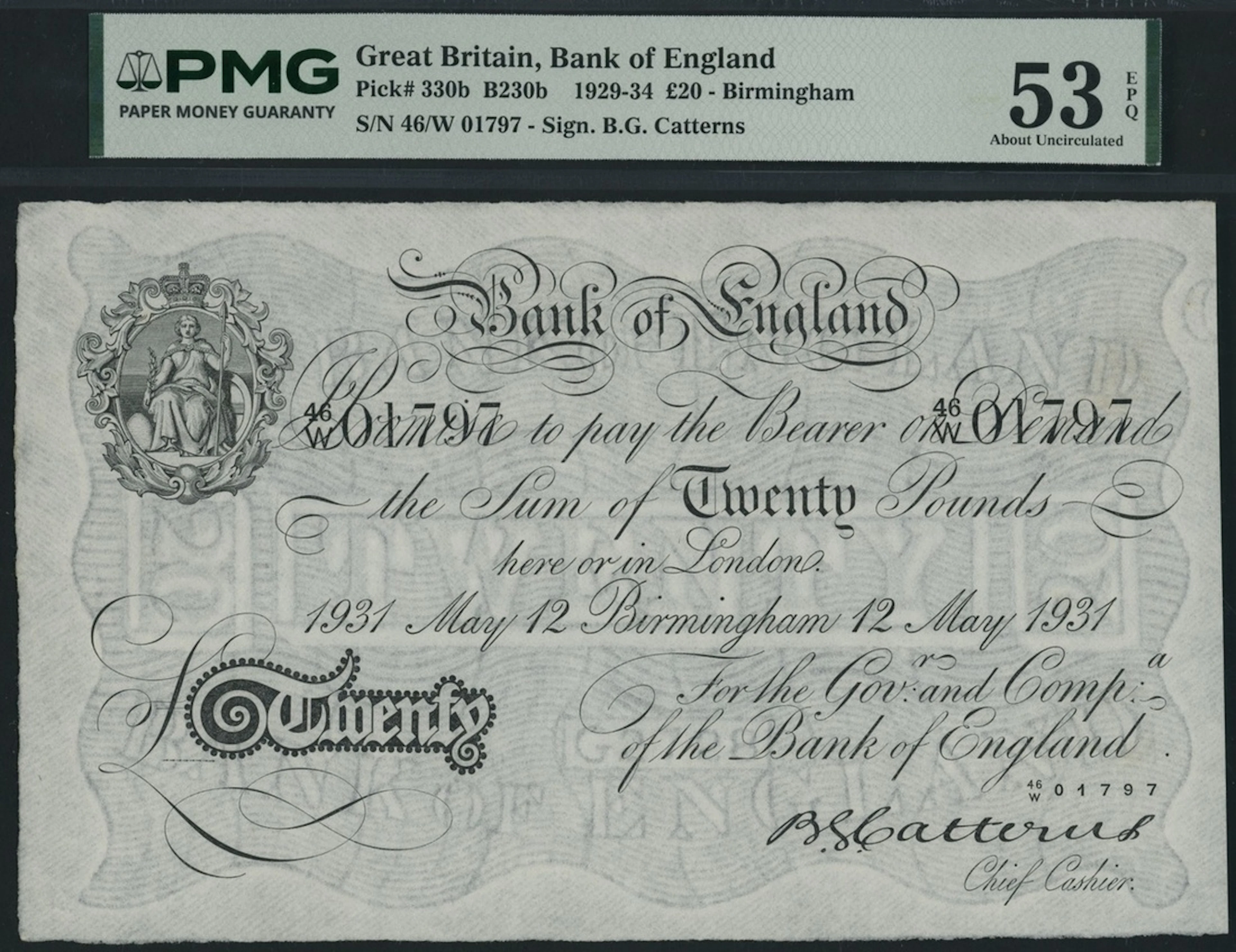 Bank of England, B. G. Catterns, £20, Birmingham, 12th May 1931, serial