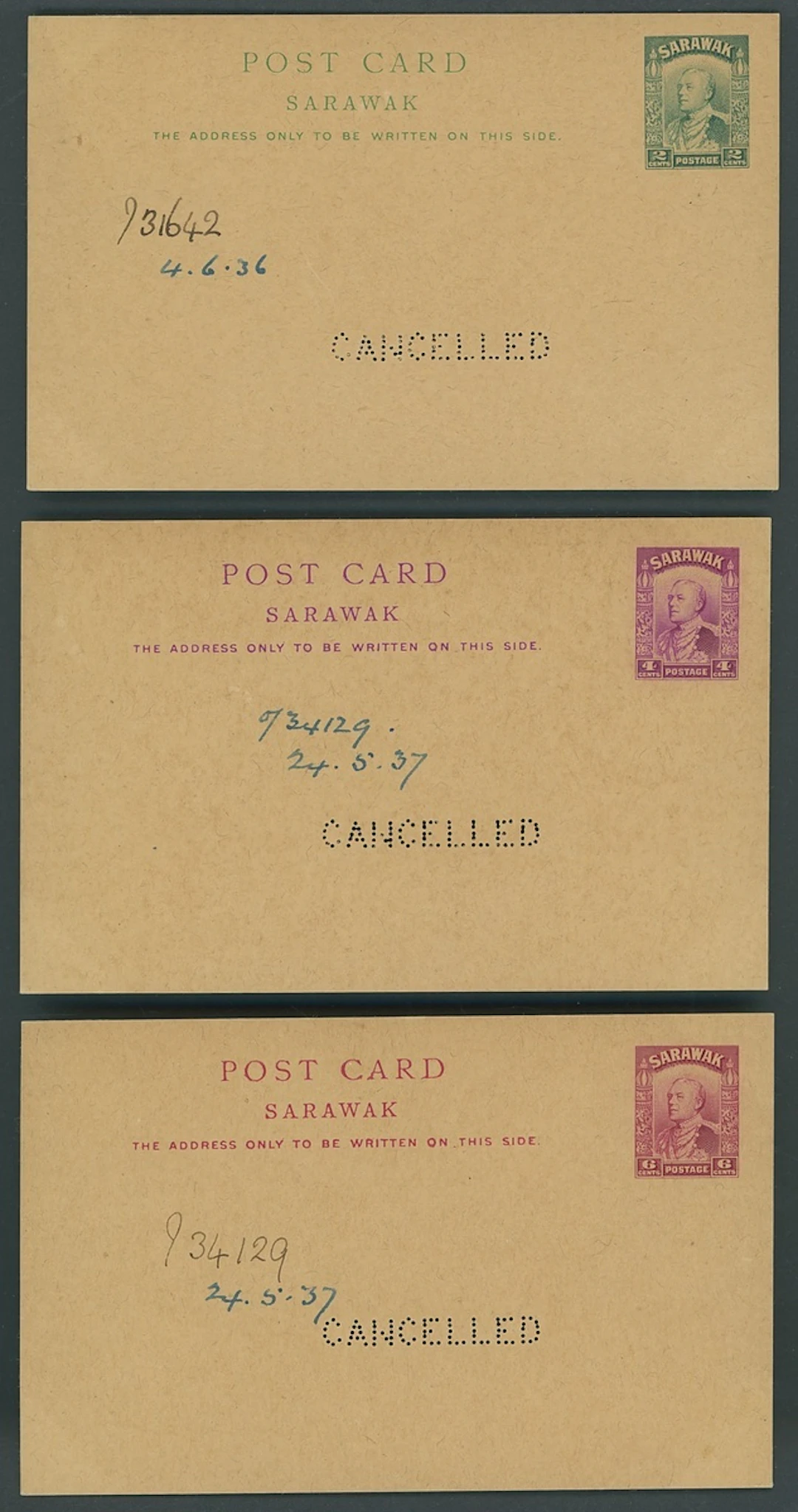 Sarawak Postal Stationery Postcards 1934 Issue 2c. dated "4.6.36"