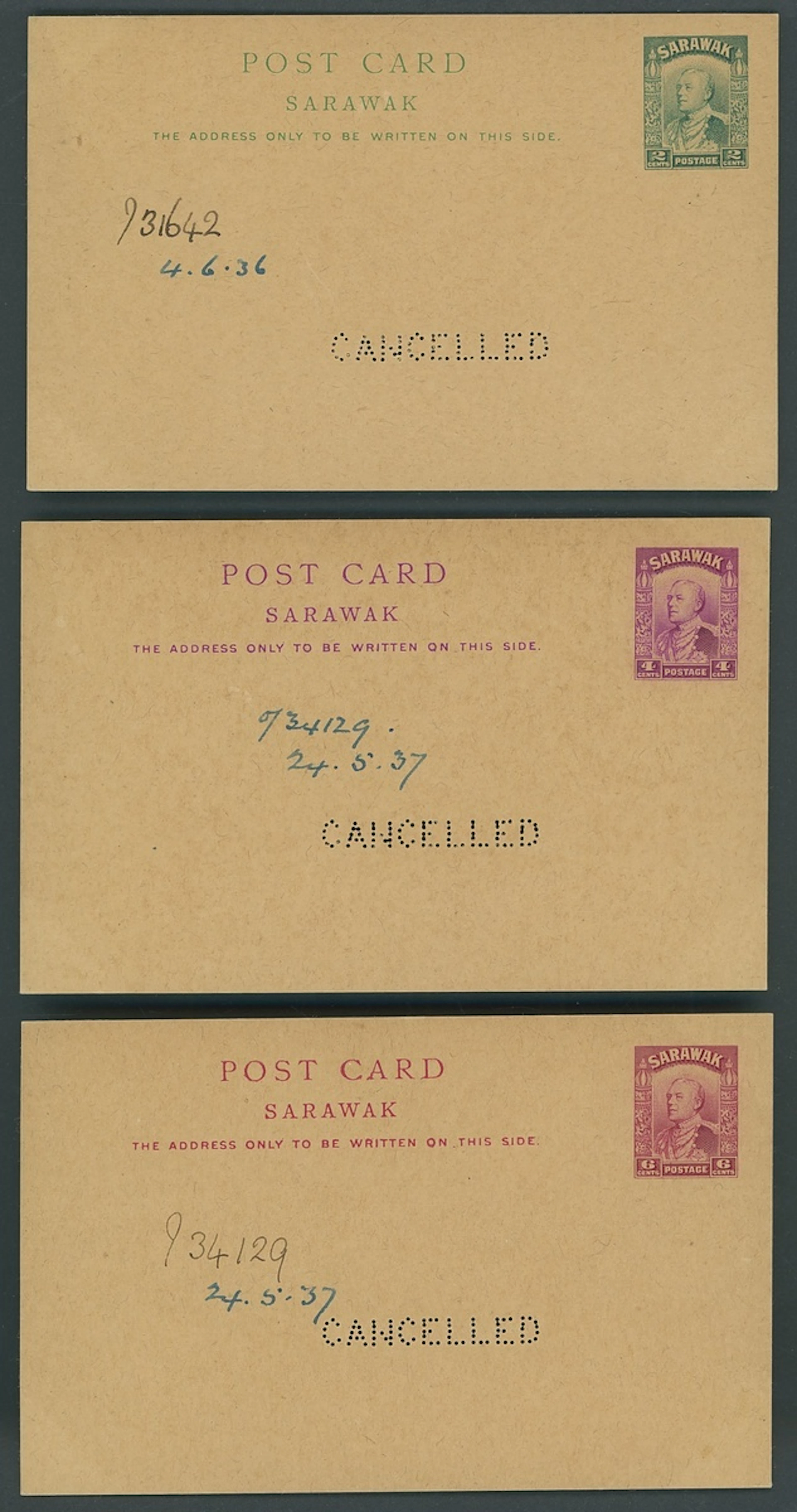 Sarawak Postal Stationery Postcards 1934 Issue 2c. dated "4.6.36"