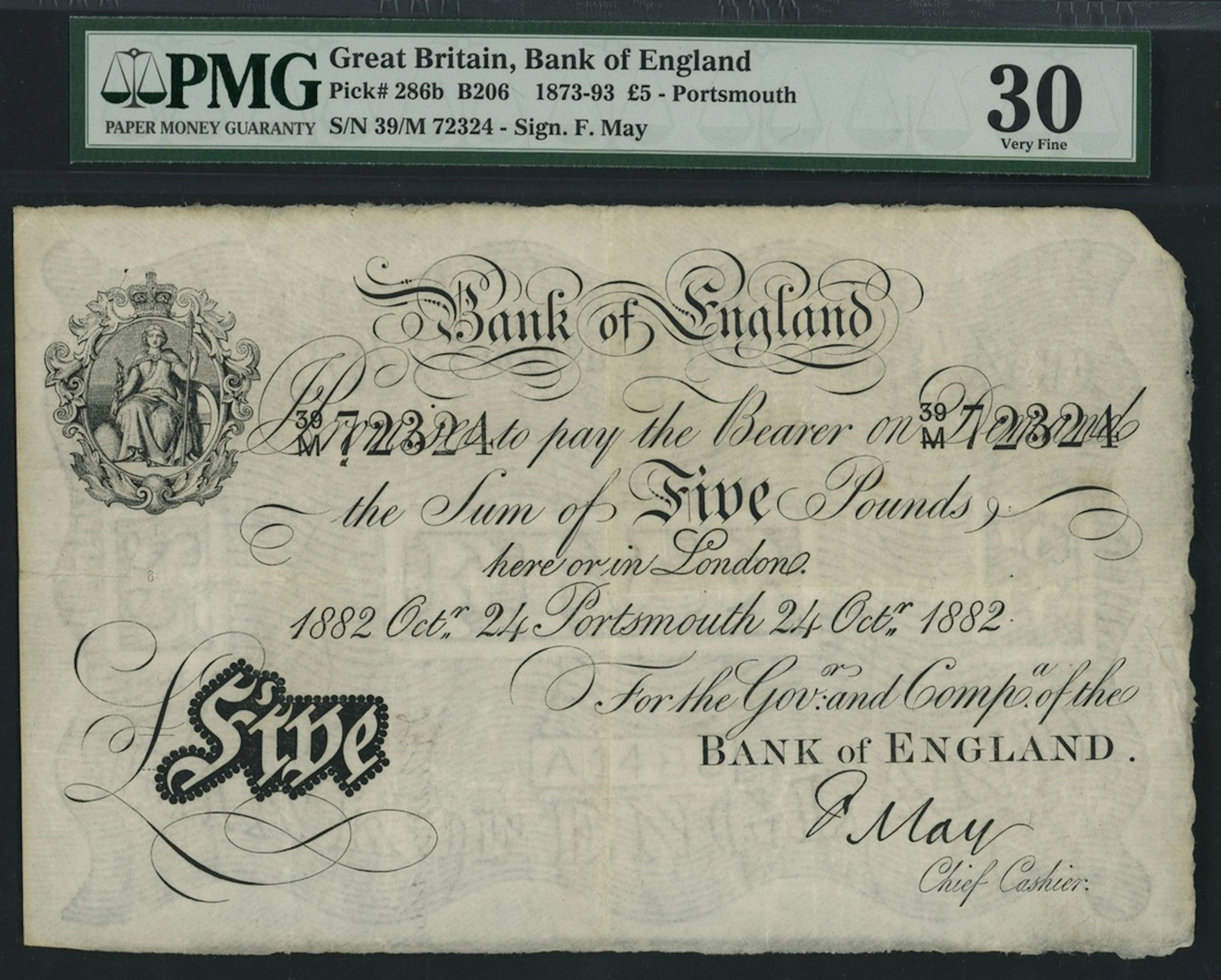 Bank of England, F. May, £5, Portsmouth, 24th October 1882, serial