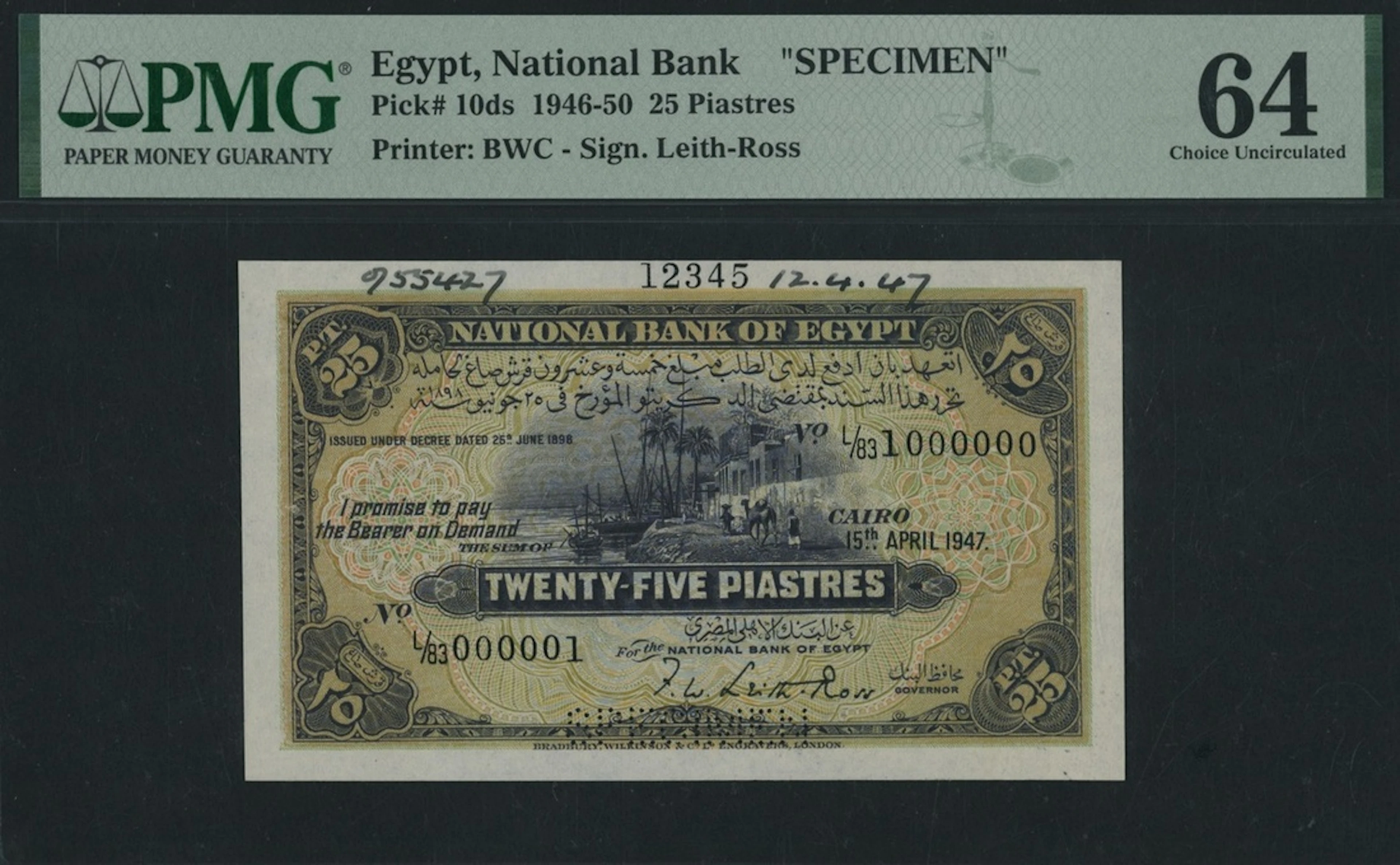 National Bank of Egypt, specimen 25 Piastres, 15th April 1947, serial