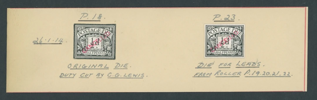 Great Britain Postage Dues 1914 ½d. imperforate die proofs (2) affixed
