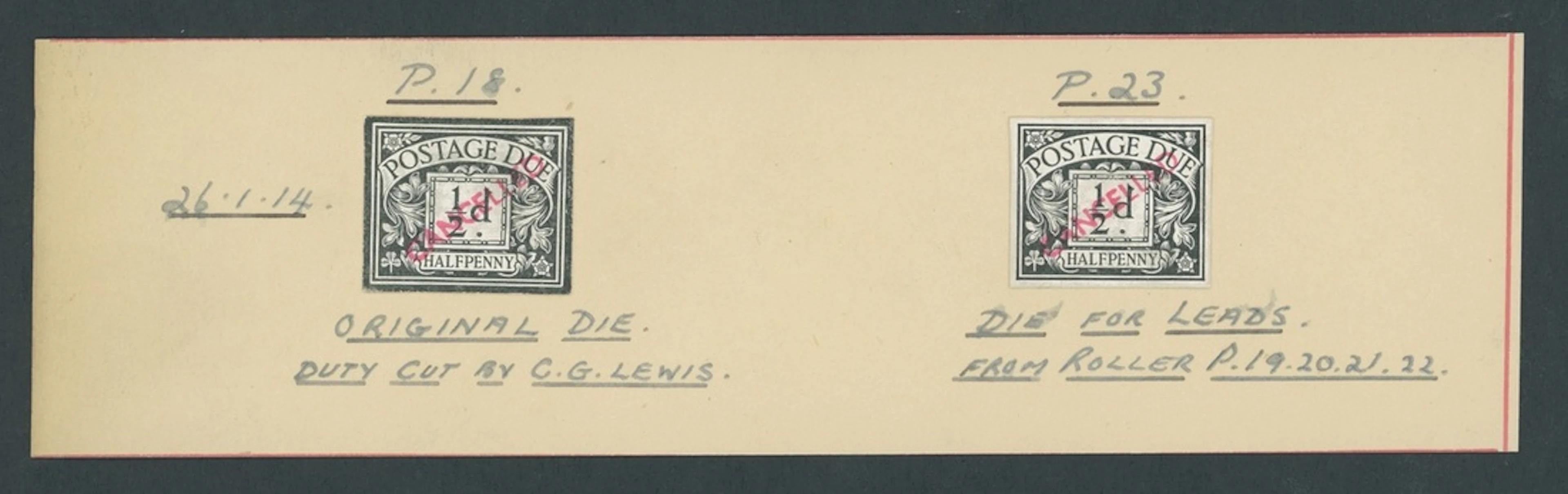 Great Britain Postage Dues 1914 ½d. imperforate die proofs (2) affixed