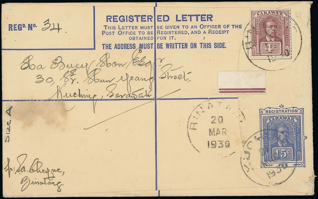 Sarawak Postal Stationery Registered Envelopes 1928 15c. 1930 (20