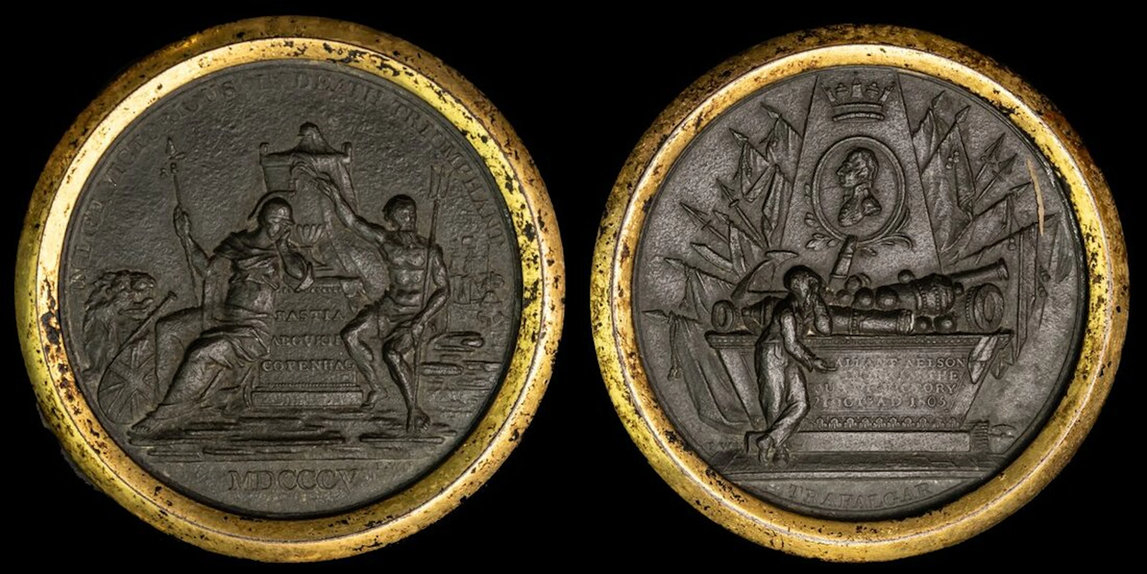 Mounted commemorative Death of Nelson medal 1805, left, Britannia