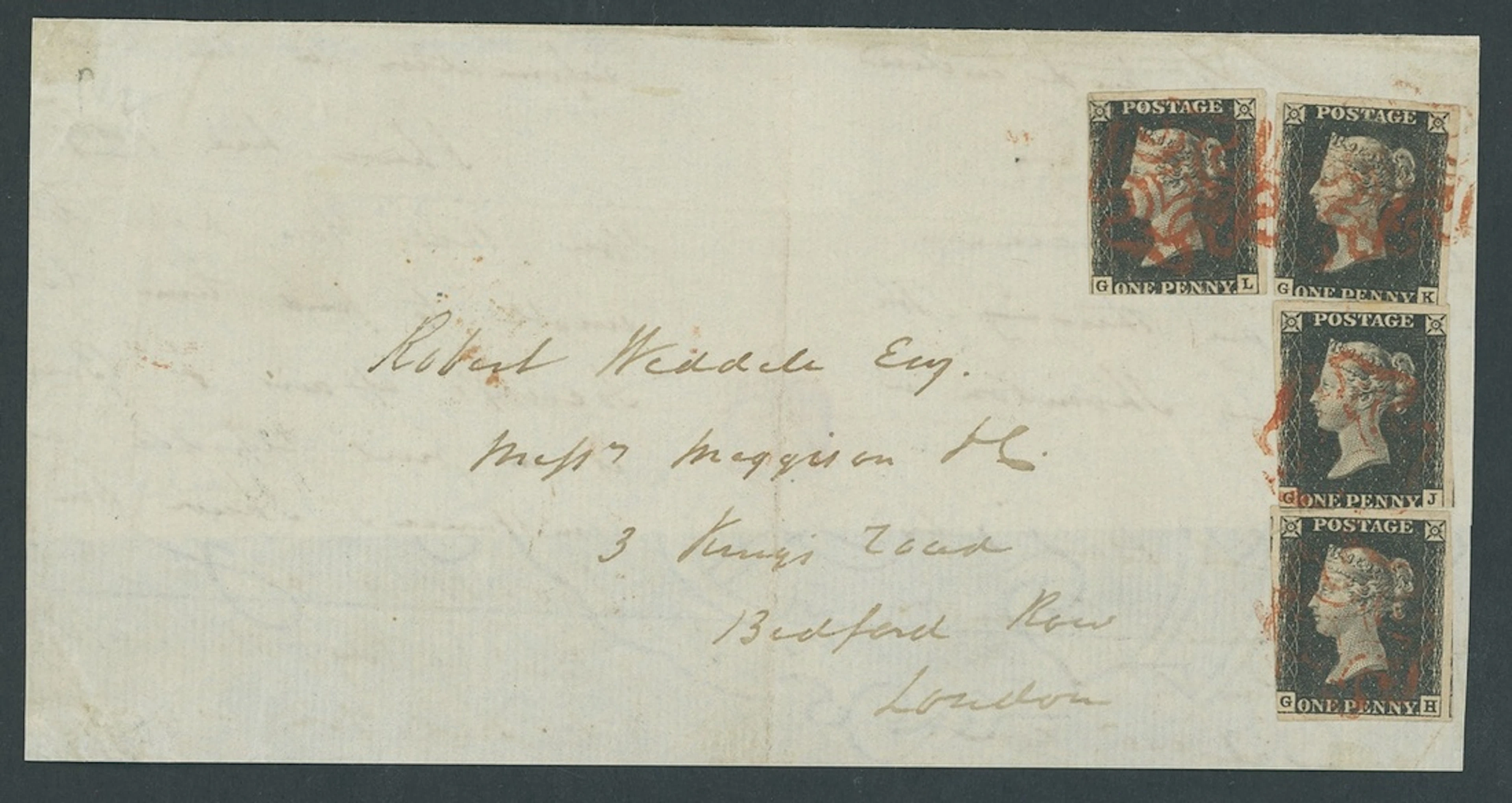 Great Britain 1840 One Penny Black Plate 4 GH, GJ, GK and GL, all
