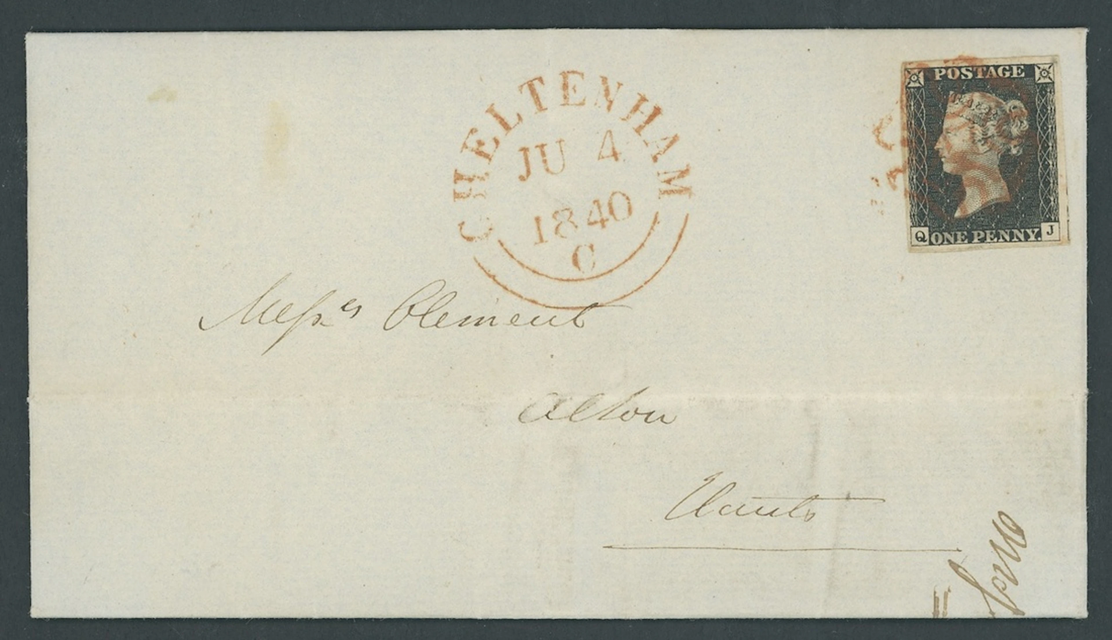 Great Britain 1840 One Penny Black Plate 2 QJ, a slightly worn impression