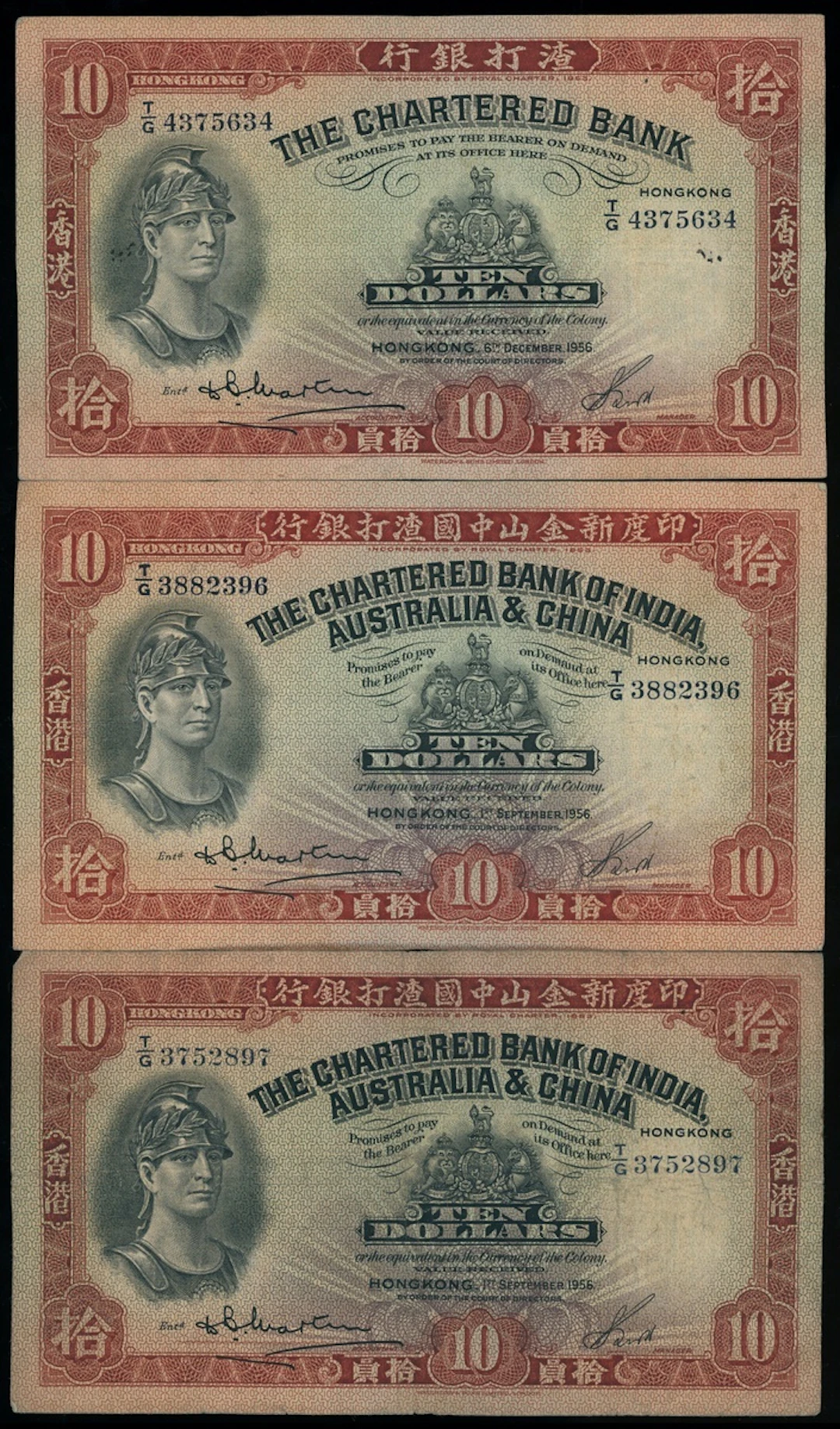 Chartered Bank, Hong Kong, $10 (3), 1956, including 2x earlier issue