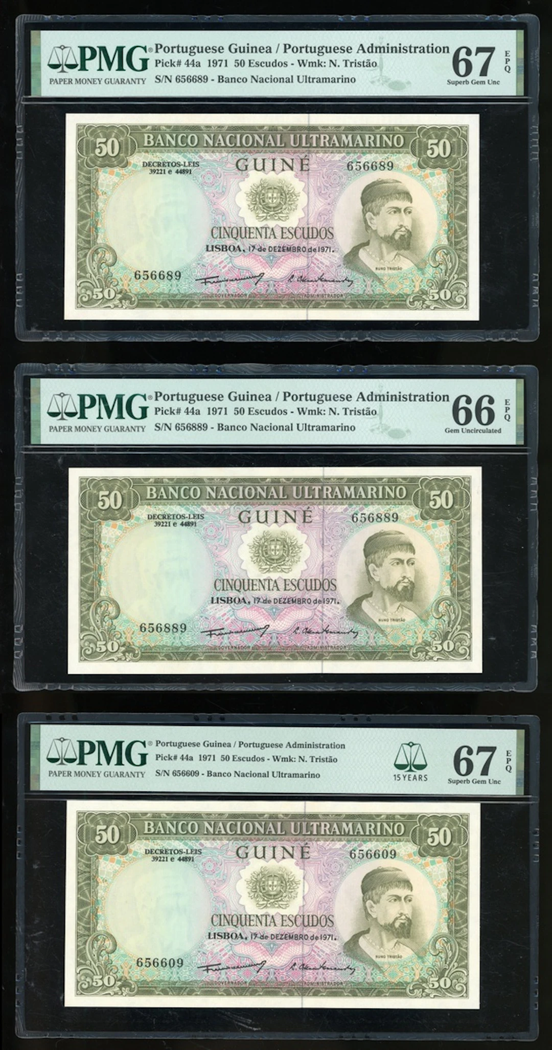 Portuguese Guinea, 500 escudos (3), 1971, serial numbers 656889, 656609