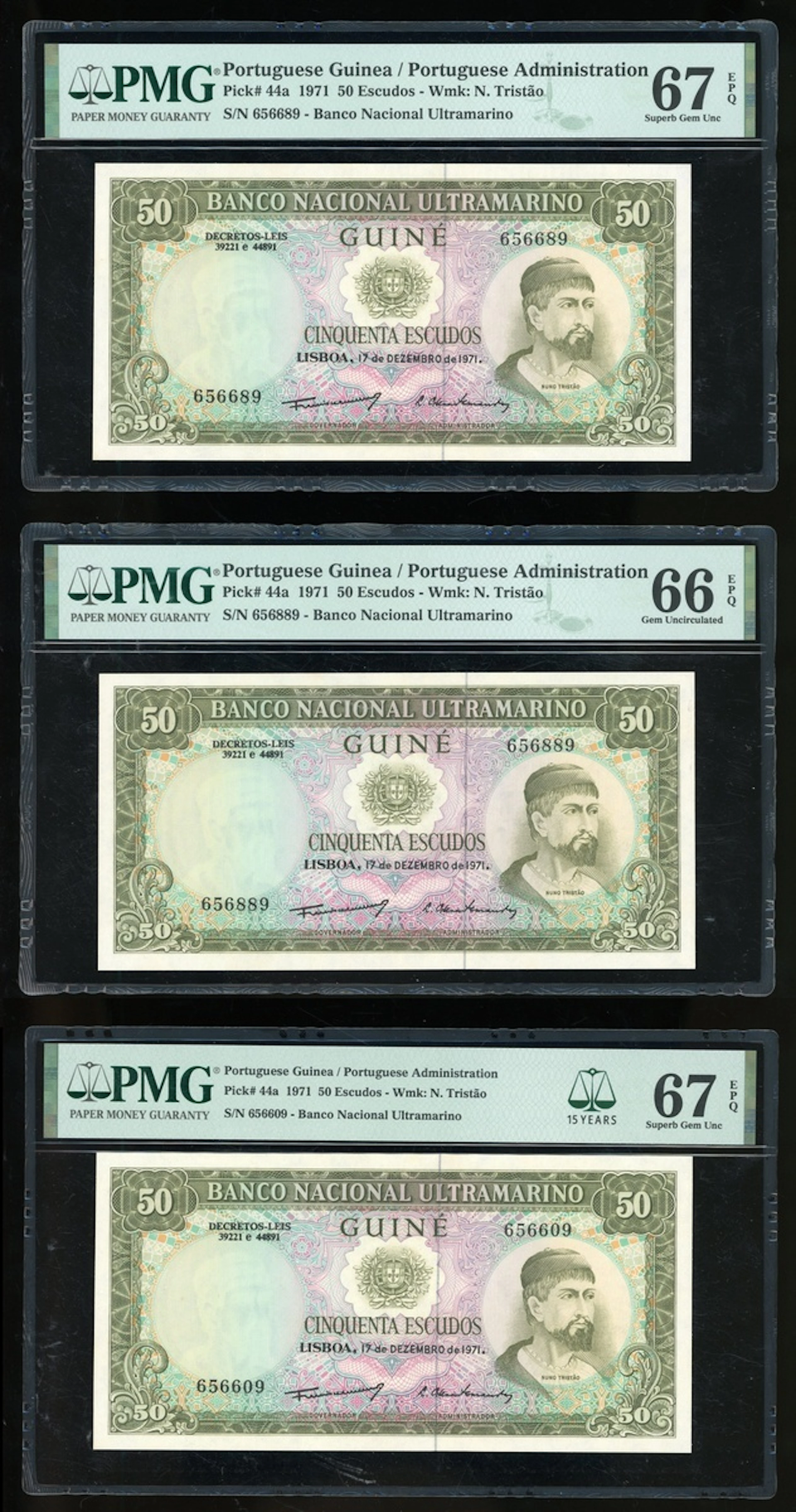 Portuguese Guinea, 500 escudos (3), 1971, serial numbers 656889, 656609
