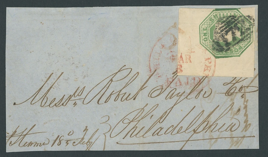 Great Britain 1847-54 Embossed 1/- green, from the upper left corner