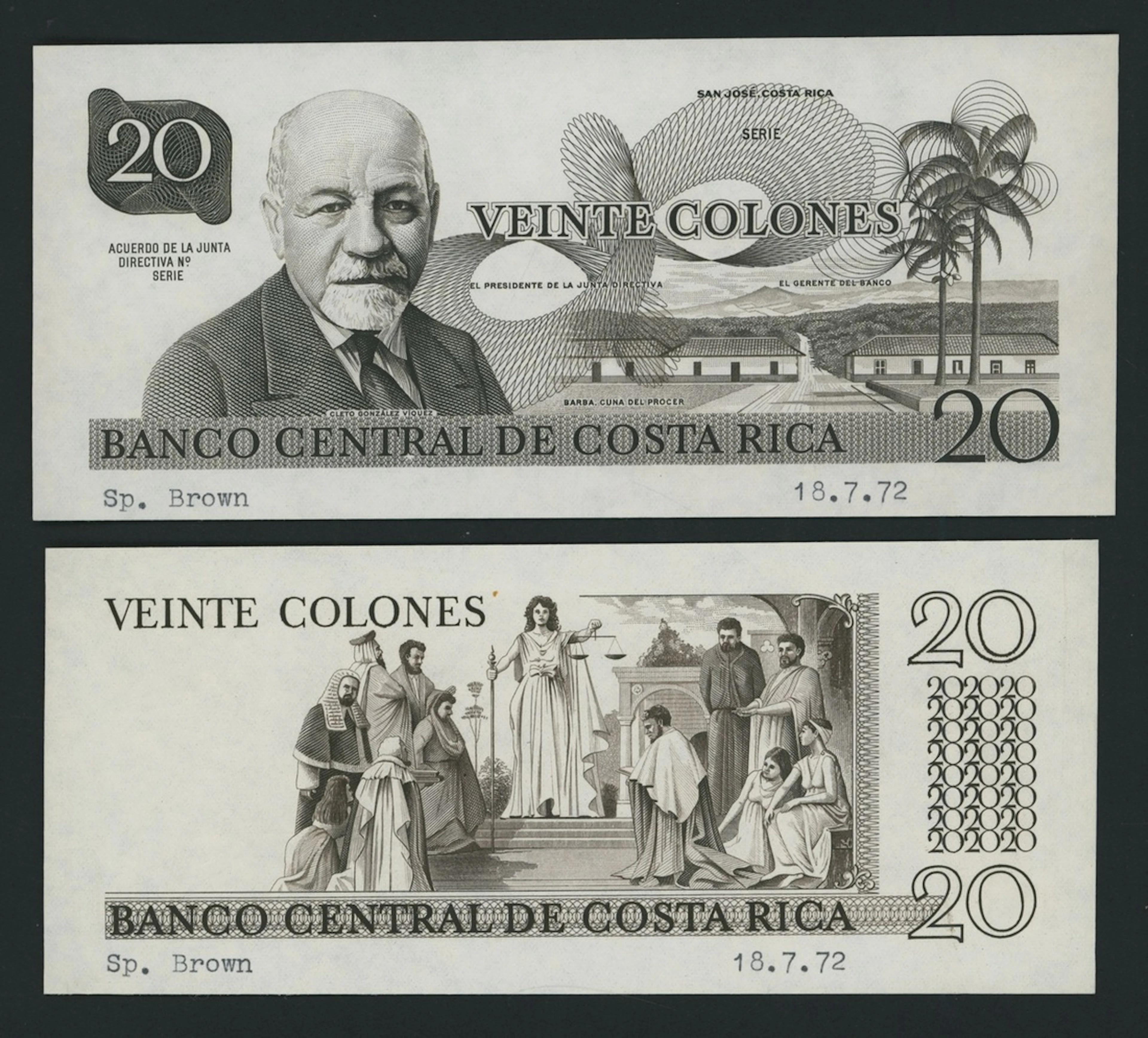 Banco Central de Costa Rica, [2 notes] front and back proofs for 20