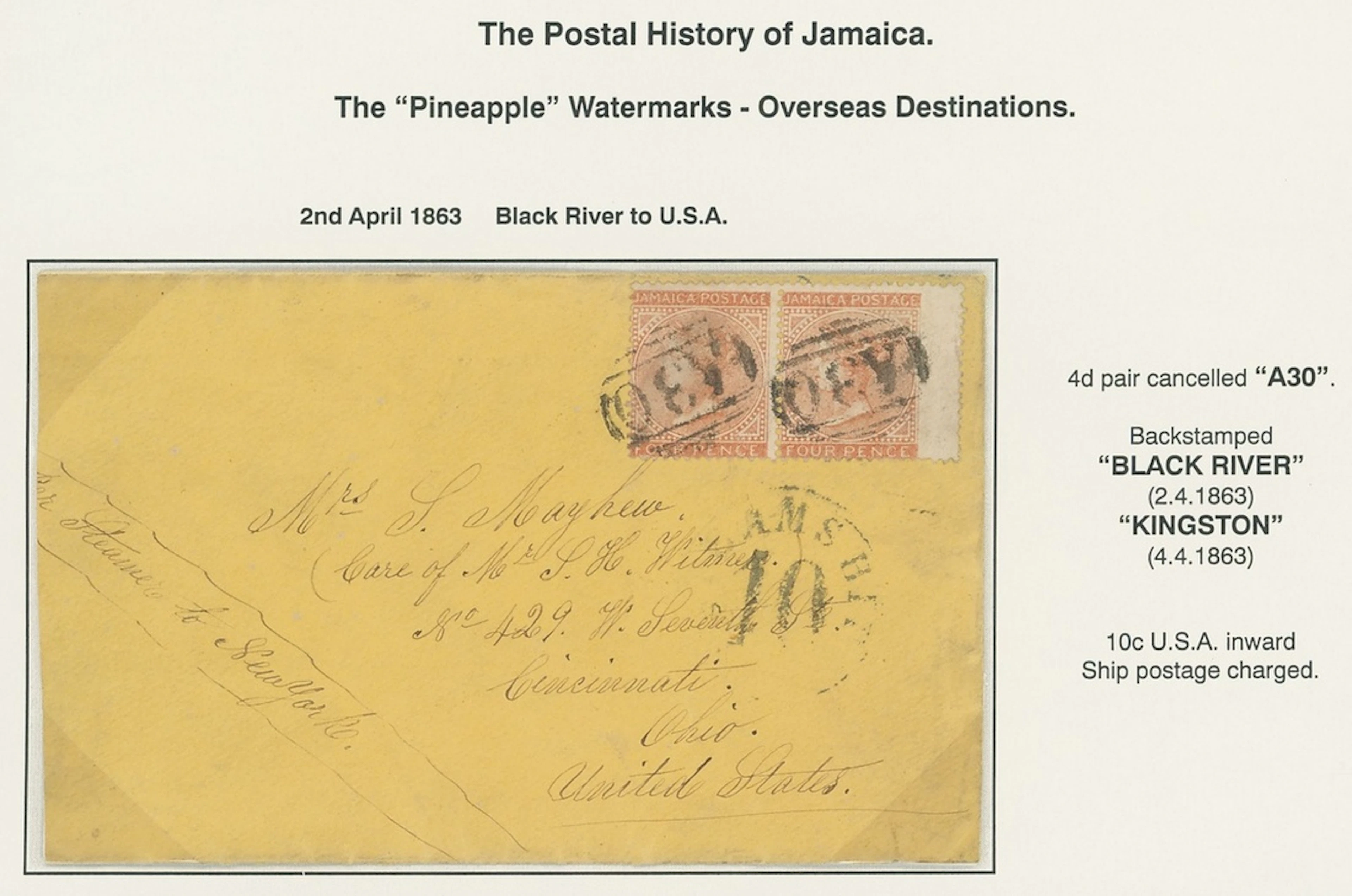 Jamaica Covers and Cancellations "A30" 1863 (2 Apr.) envelope (a little