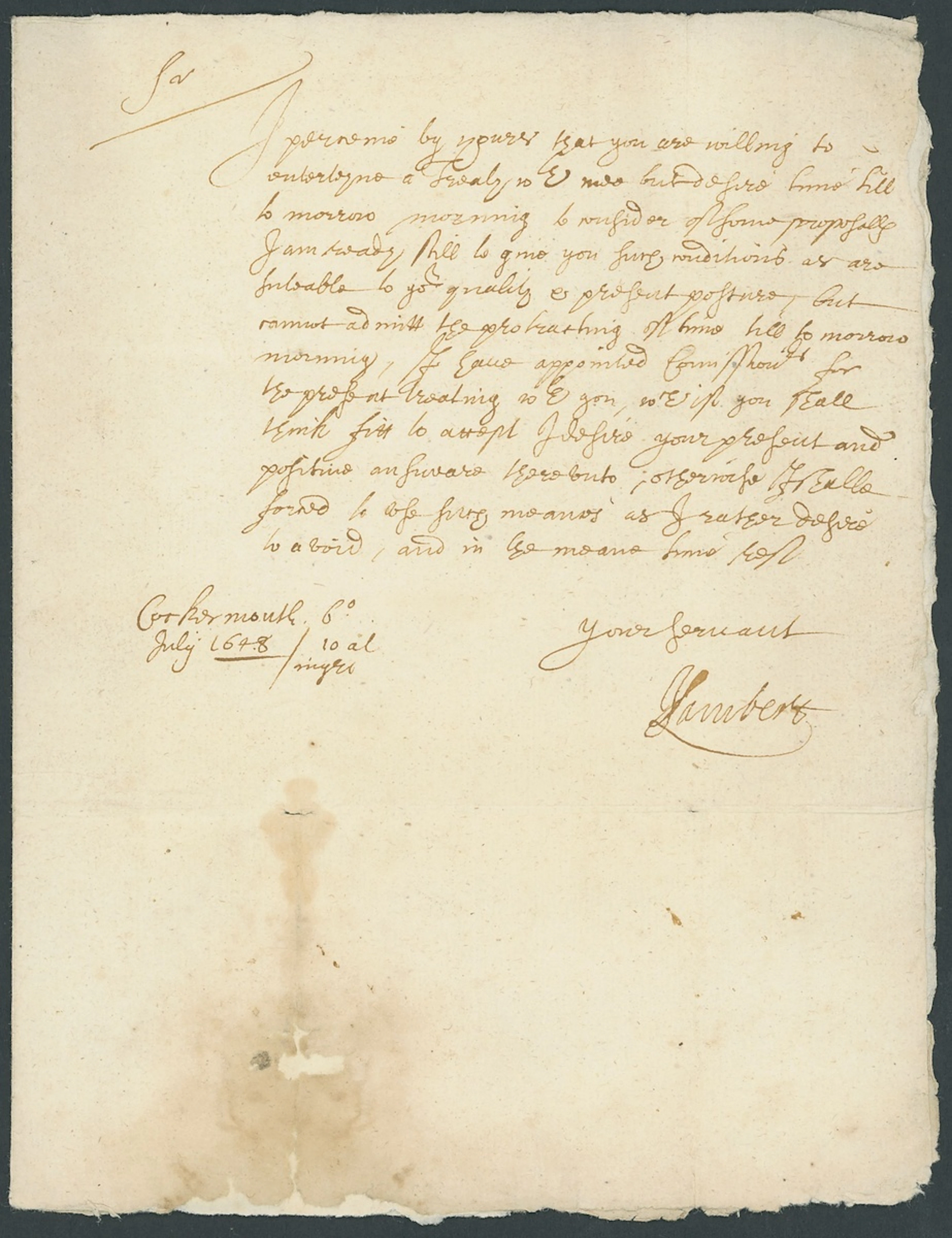 England Civil War Siege of Cockermouth Castle 1648 July 6 - Autograph