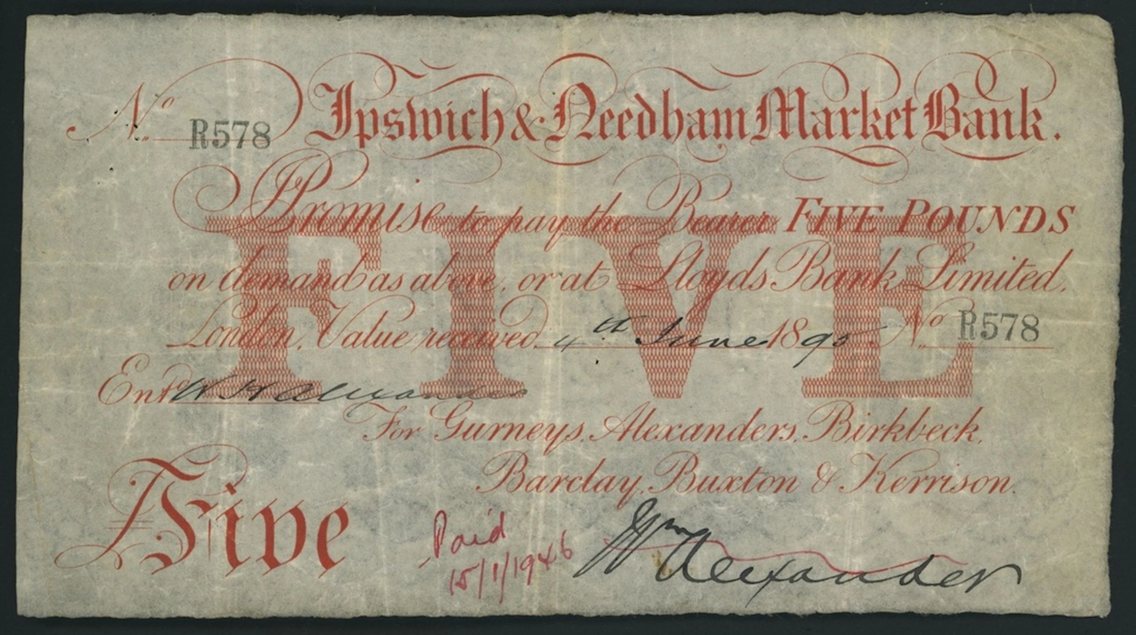 Ipswich & Needham Market Bank, for Gurneys, Alexanders, Birkbeck