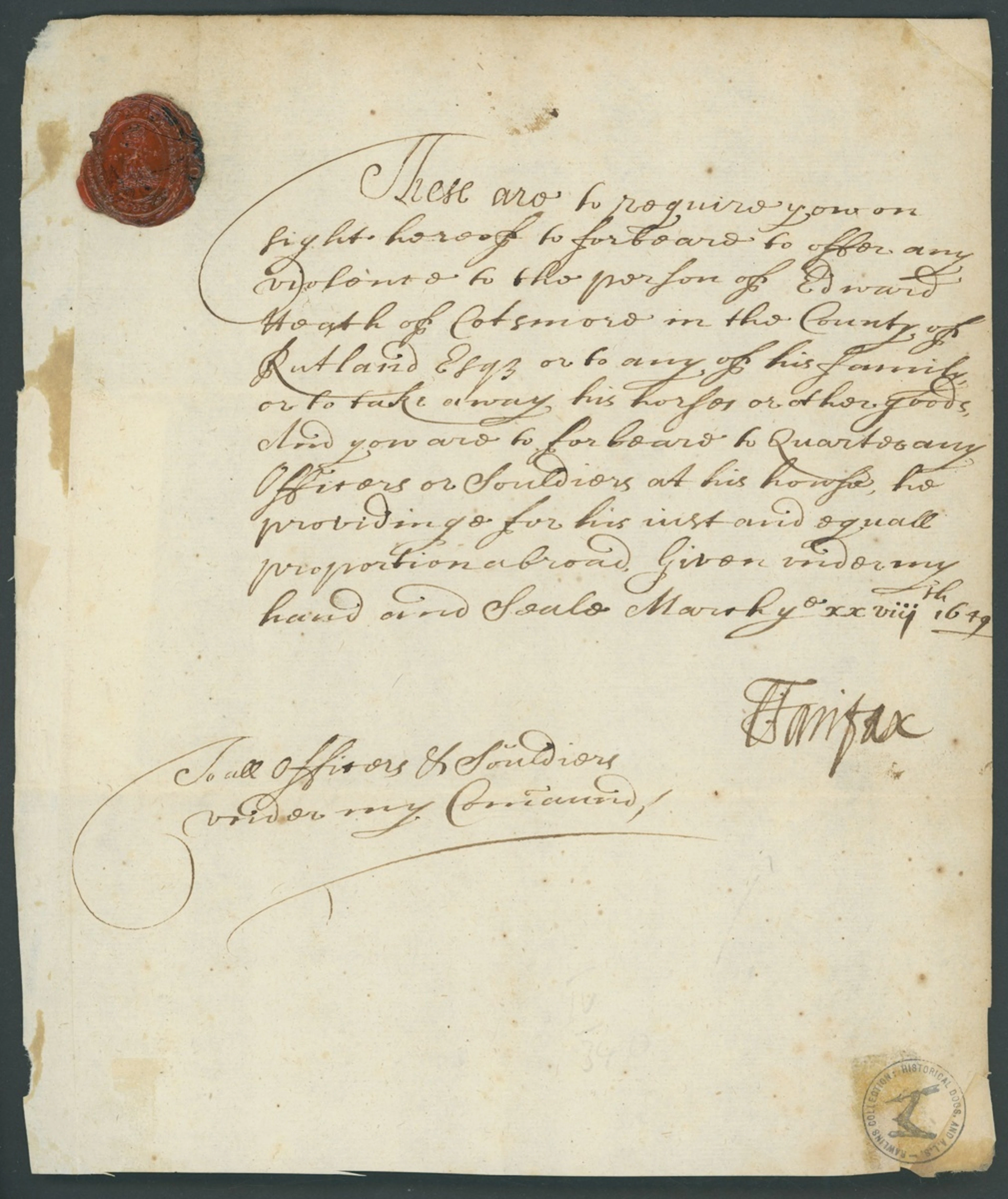 Thomas Fairfax 1649 (28 March) letter signed "T: Fairfax" reading