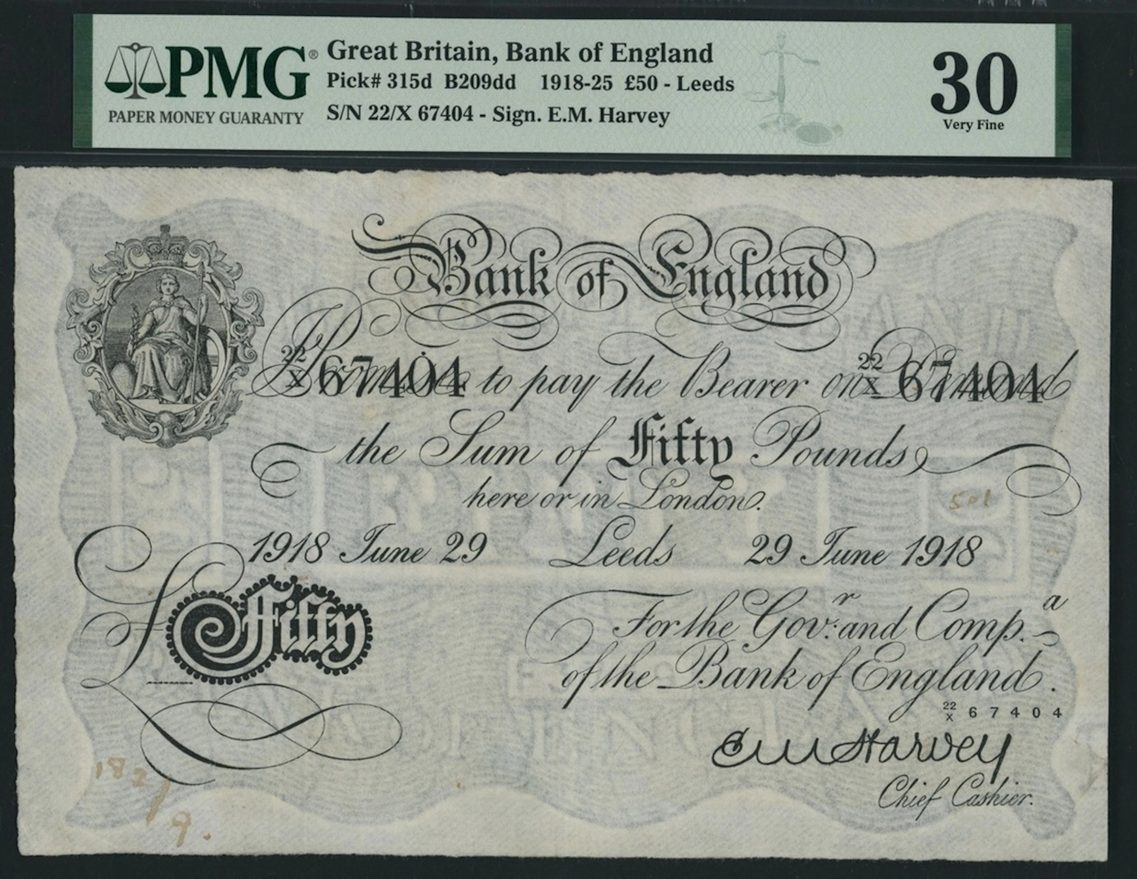 Bank of England, E. M. Harvey, £50, Leeds, 29th June 1918, serial