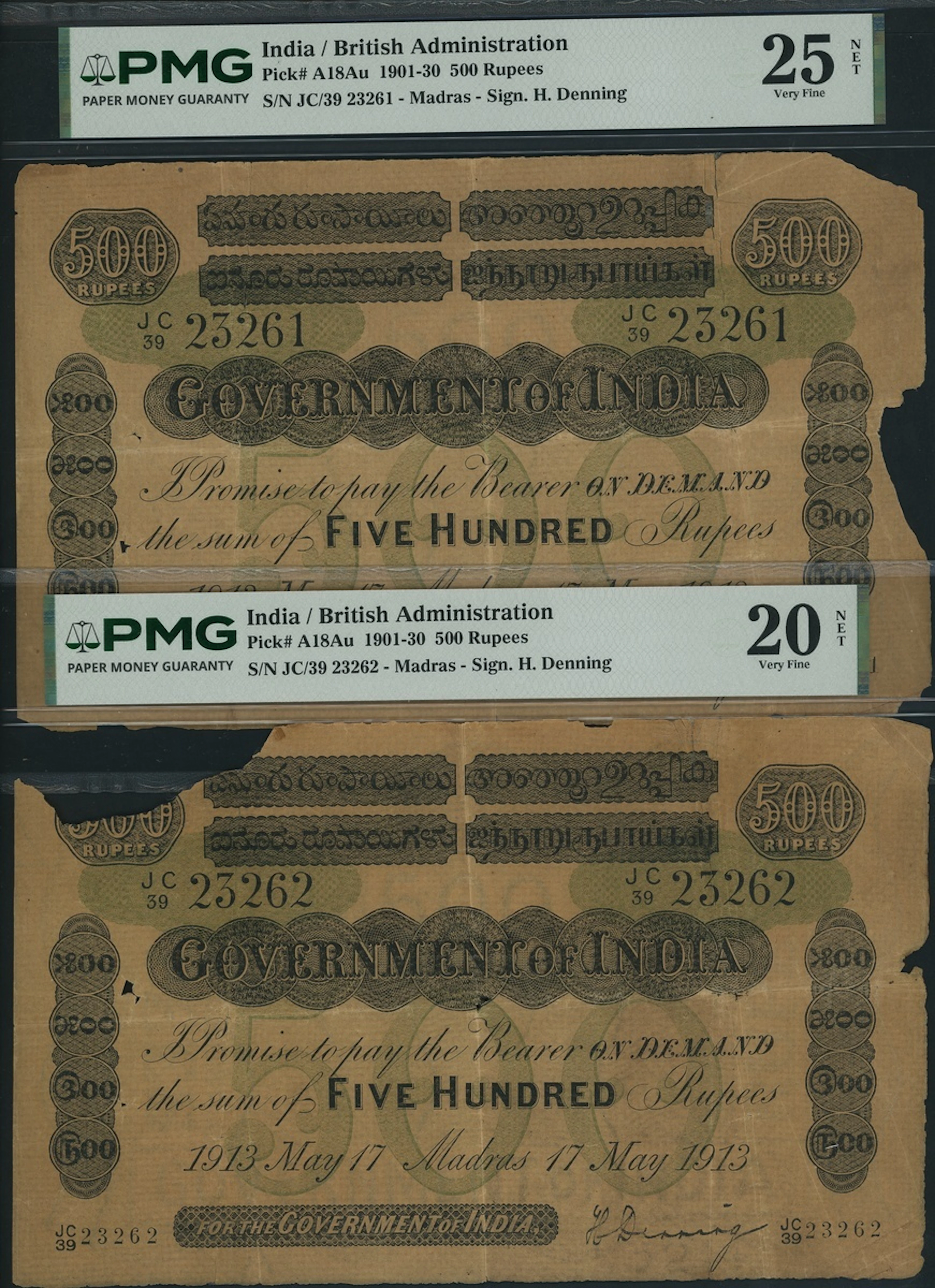 Government of India, [2 notes] 500 Rupees, Madras, 17th May 1913
