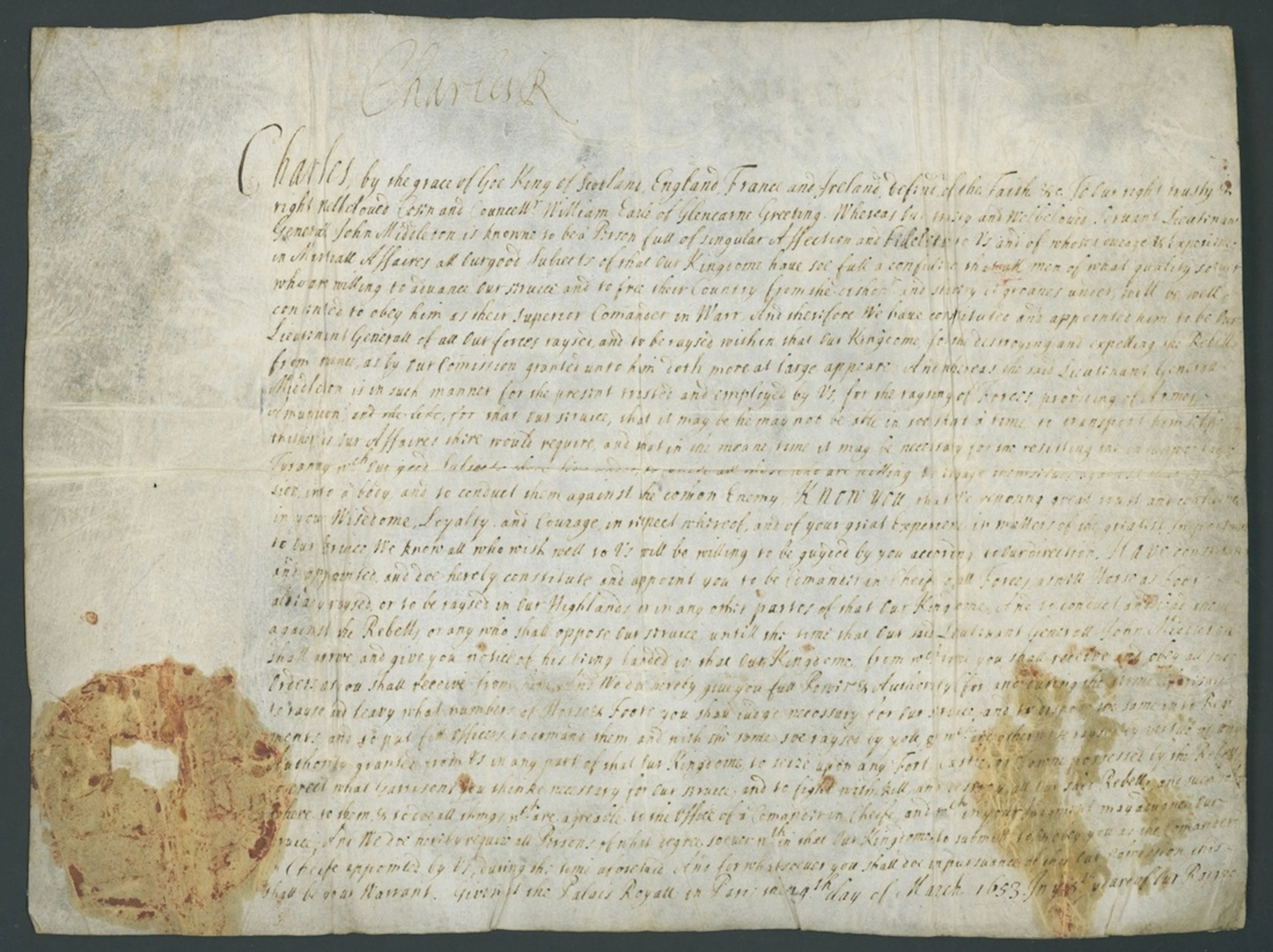 King Charles II - Scotland 1653 (4 March) document signed at top "Charles