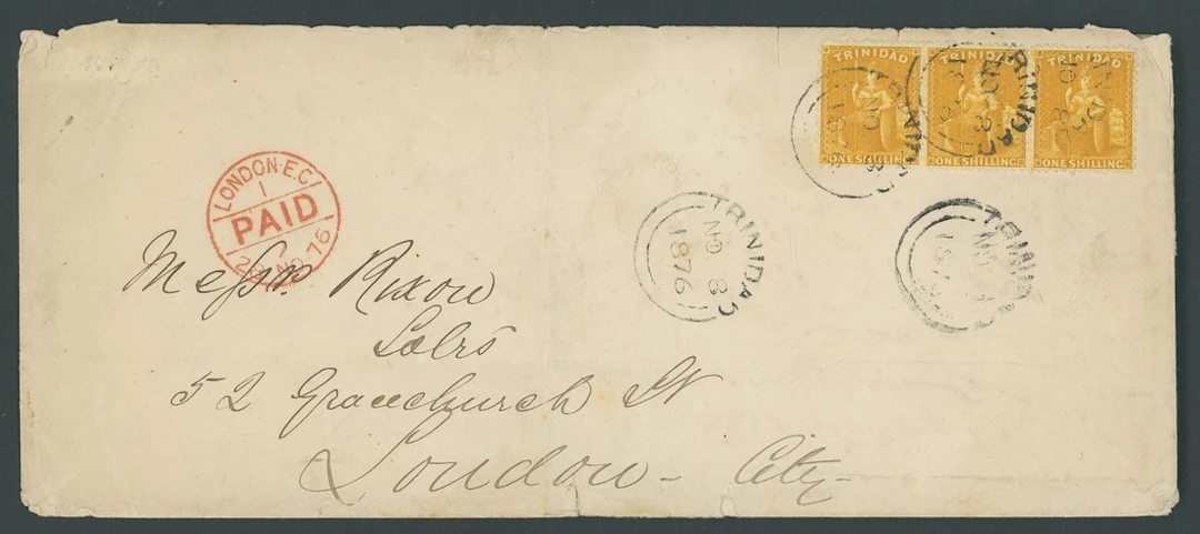 Trinidad Covers and Cancellations 1876 (8 Nov.) treble rate envelope