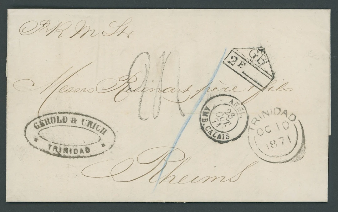 Trinidad Covers and Cancellations 1871 (10 Oct.) unstamped entire