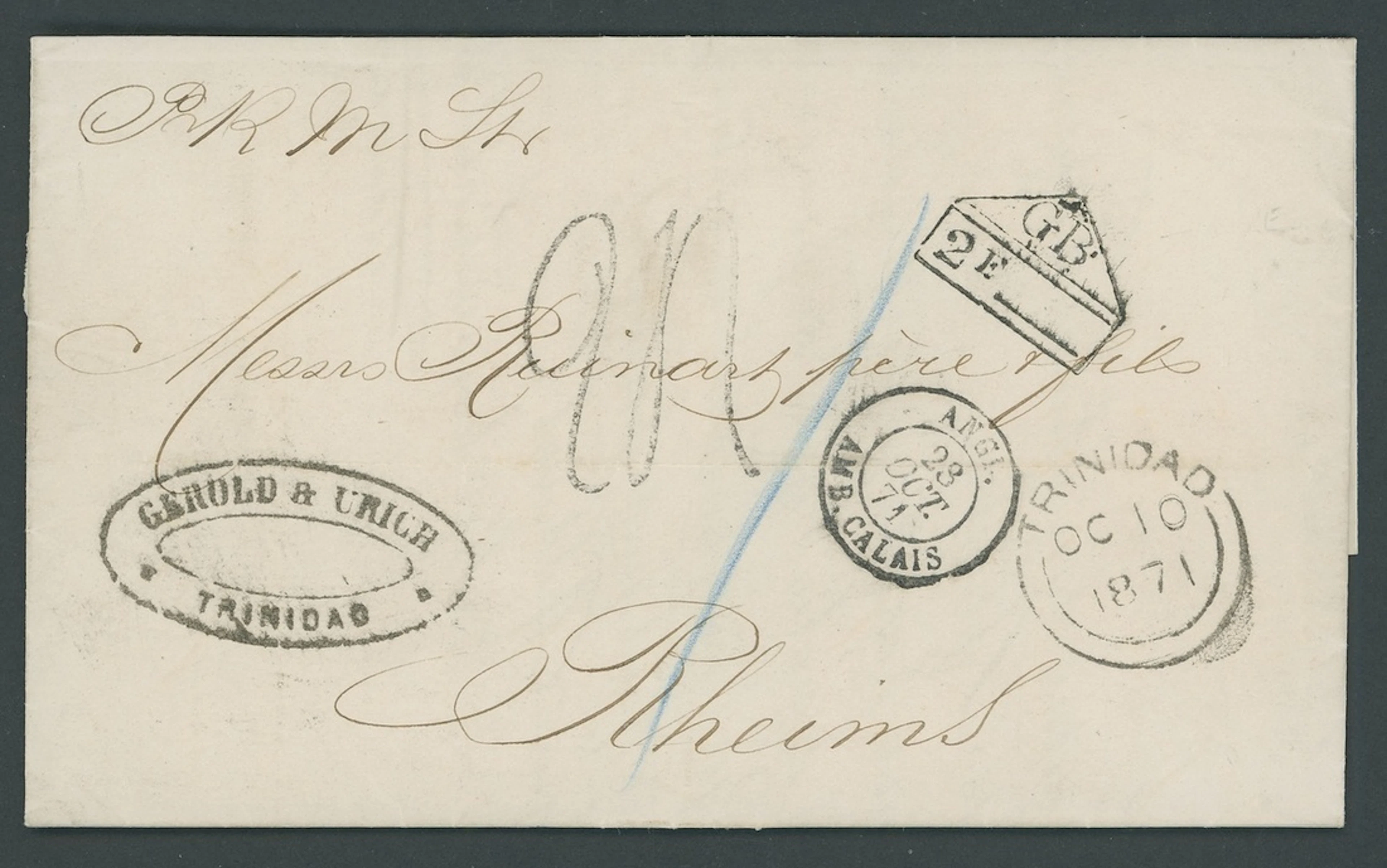 Trinidad Covers and Cancellations 1871 (10 Oct.) unstamped entire