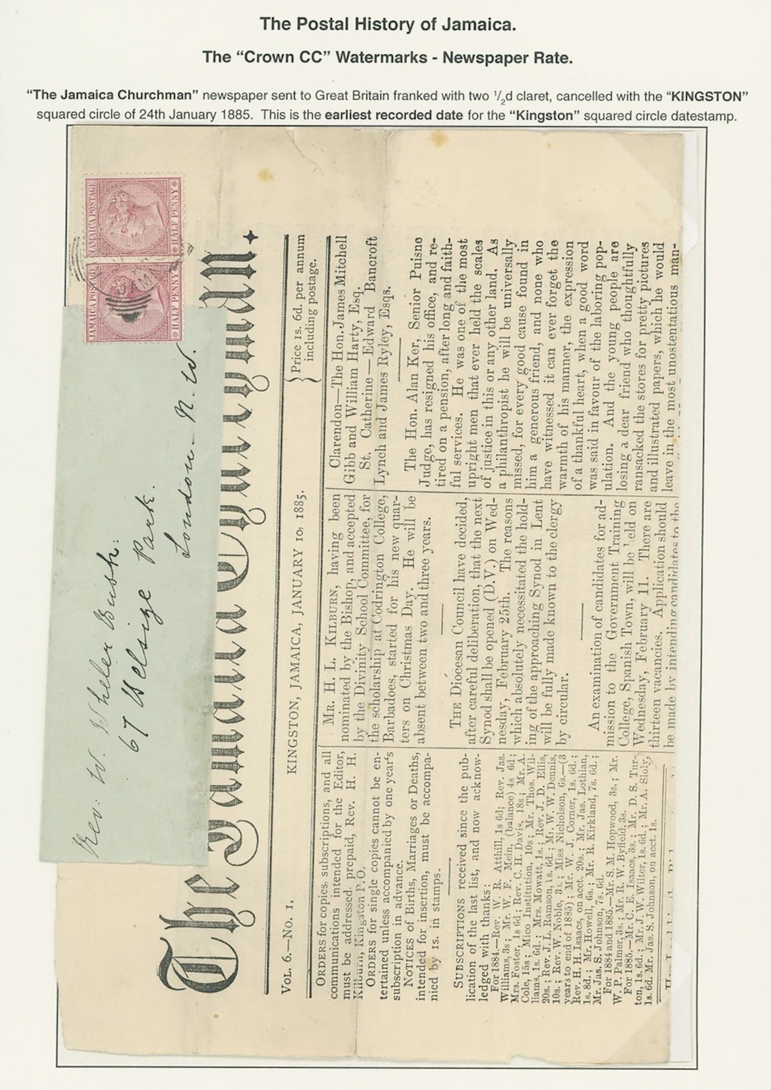 Jamaica Covers and Cancellations 1885 (24 Jan.) leading page of "The