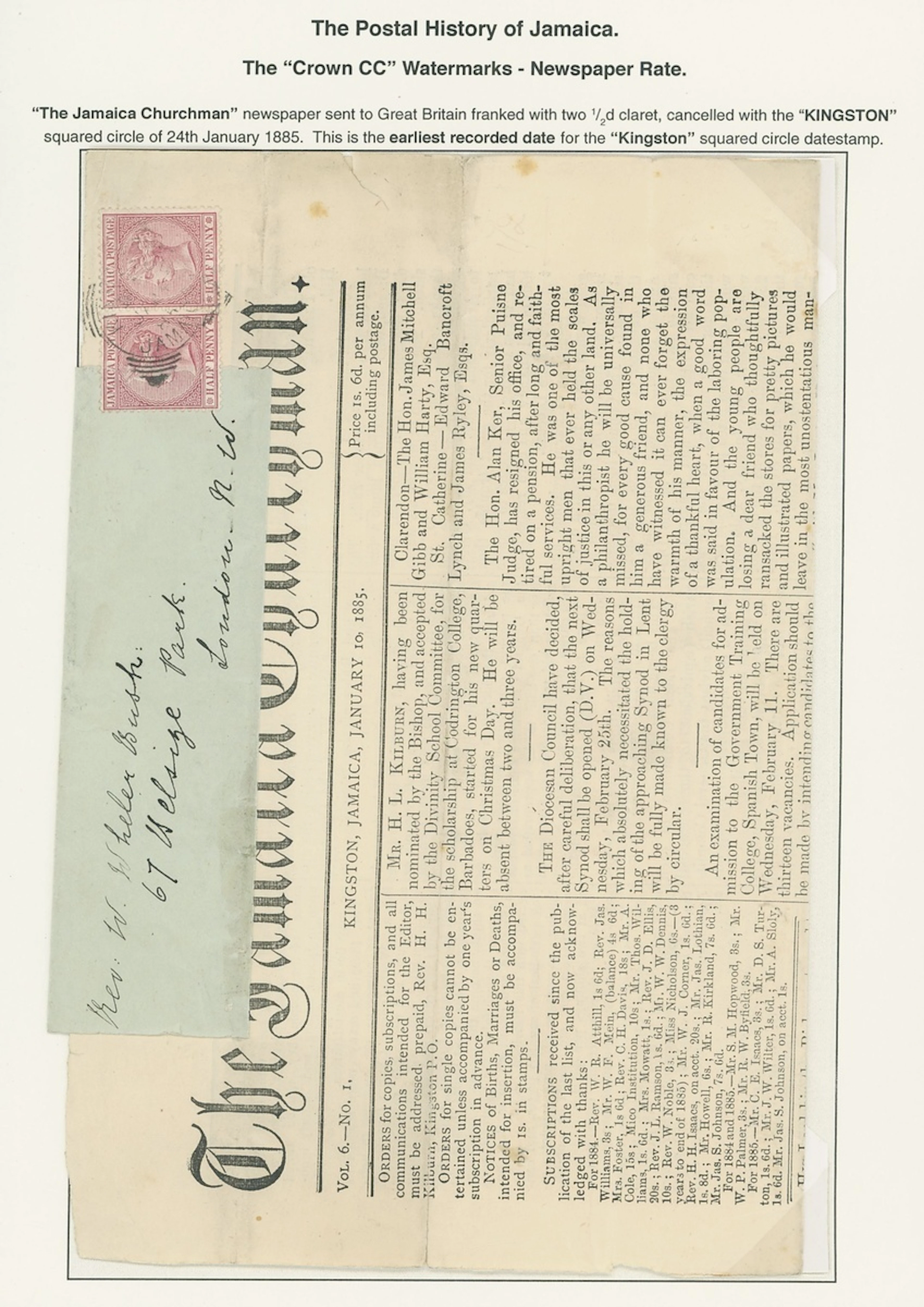 Jamaica Covers and Cancellations 1885 (24 Jan.) leading page of "The